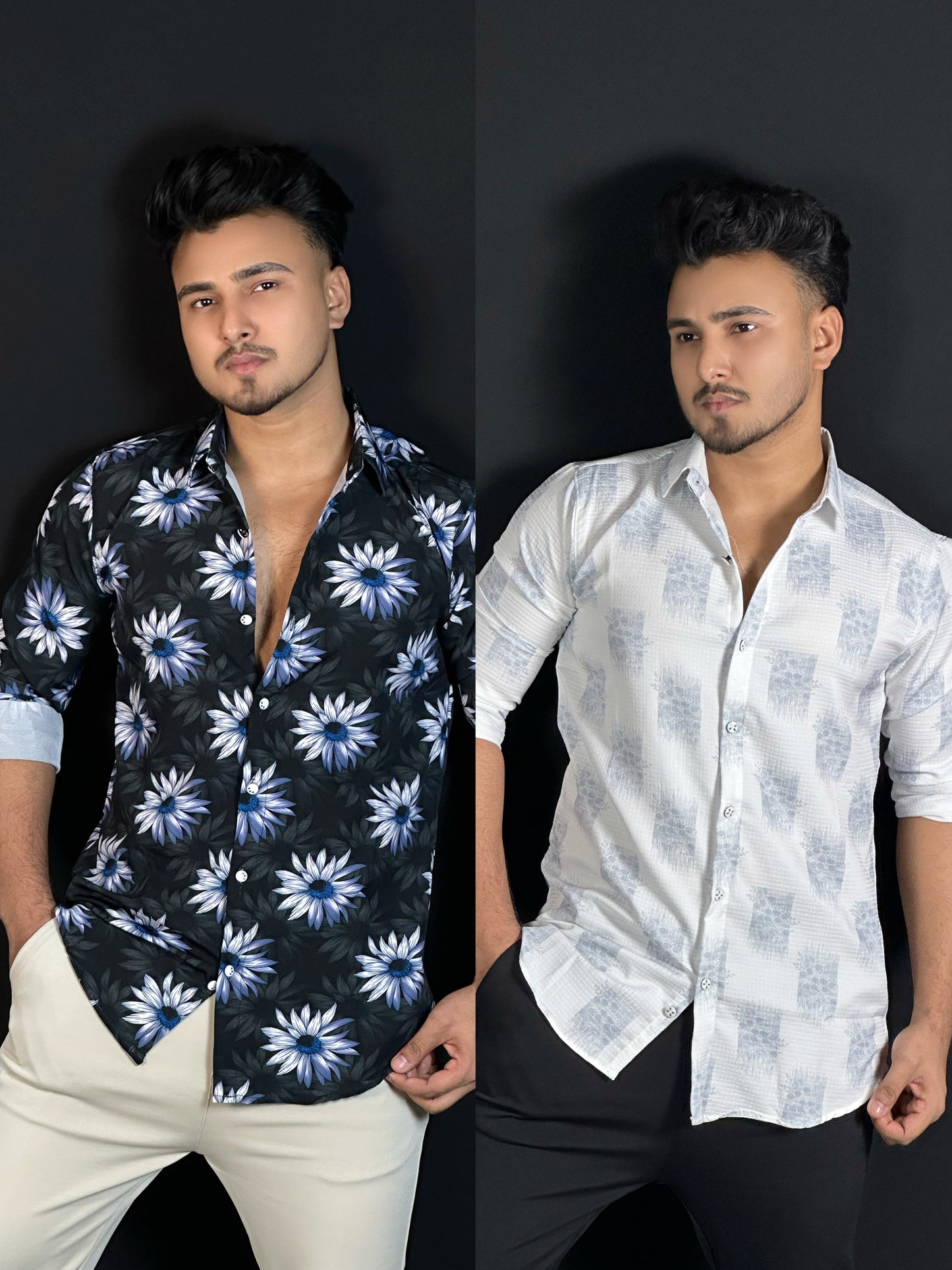 ব্লু ব্ল্যাক,ব্লু হোয়াইট, ২ পিস প্রিন্টেড শার্ট-Sunflower,Flower