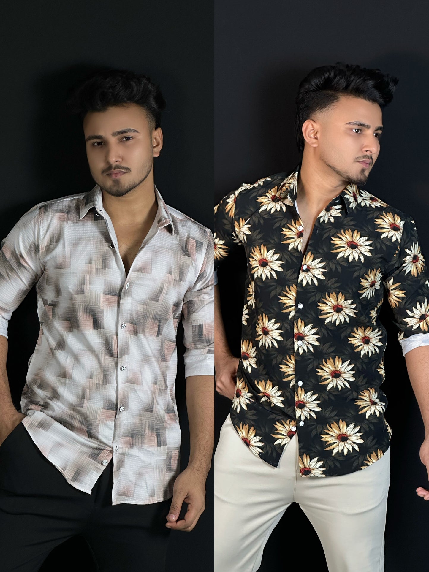 ক্রিম হোয়াইট,ইয়েলো ব্ল্যাক, ২ পিস প্রিন্টেড শার্ট-Sunflower,Geo