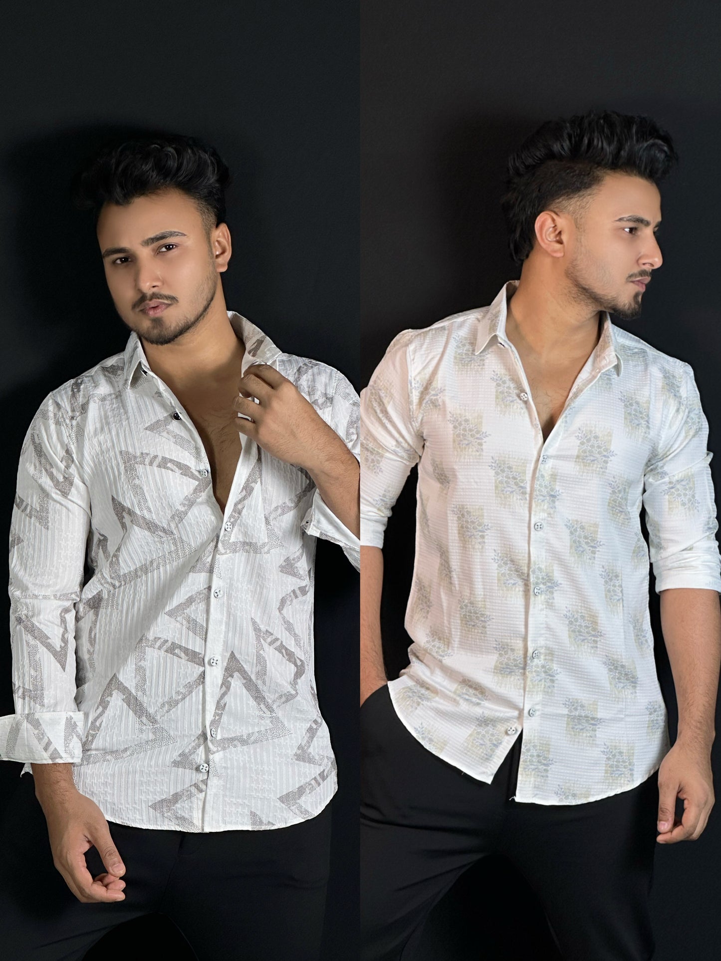 অ্যাশ,অলিভ হোয়াইট, ২ পিস্ প্রিন্টেড শার্ট-Triangle,Flower