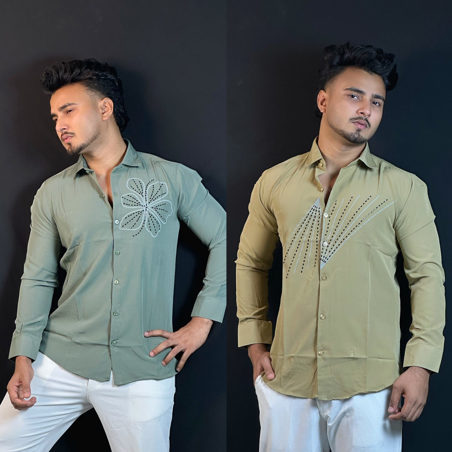 Khaki+Green Colour Stone Shirt Combo