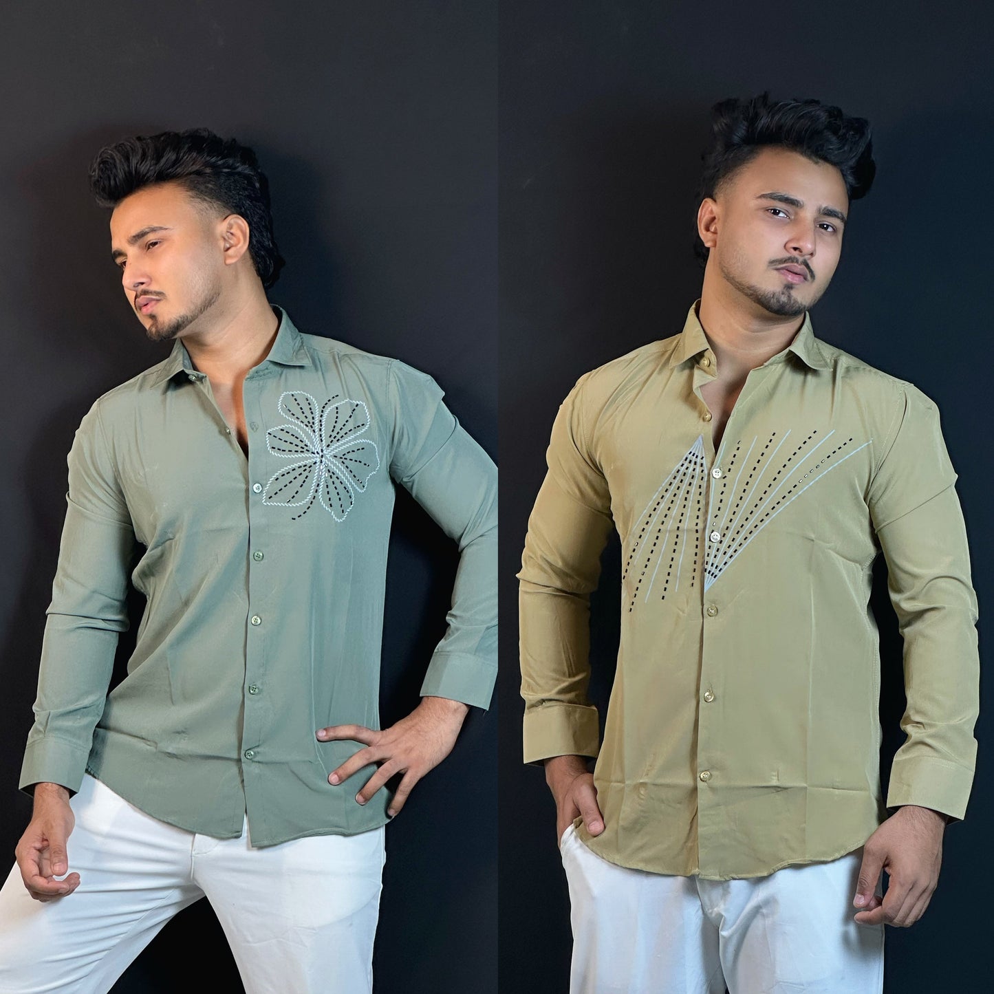 Khaki+Green Colour Stone Shirt Combo