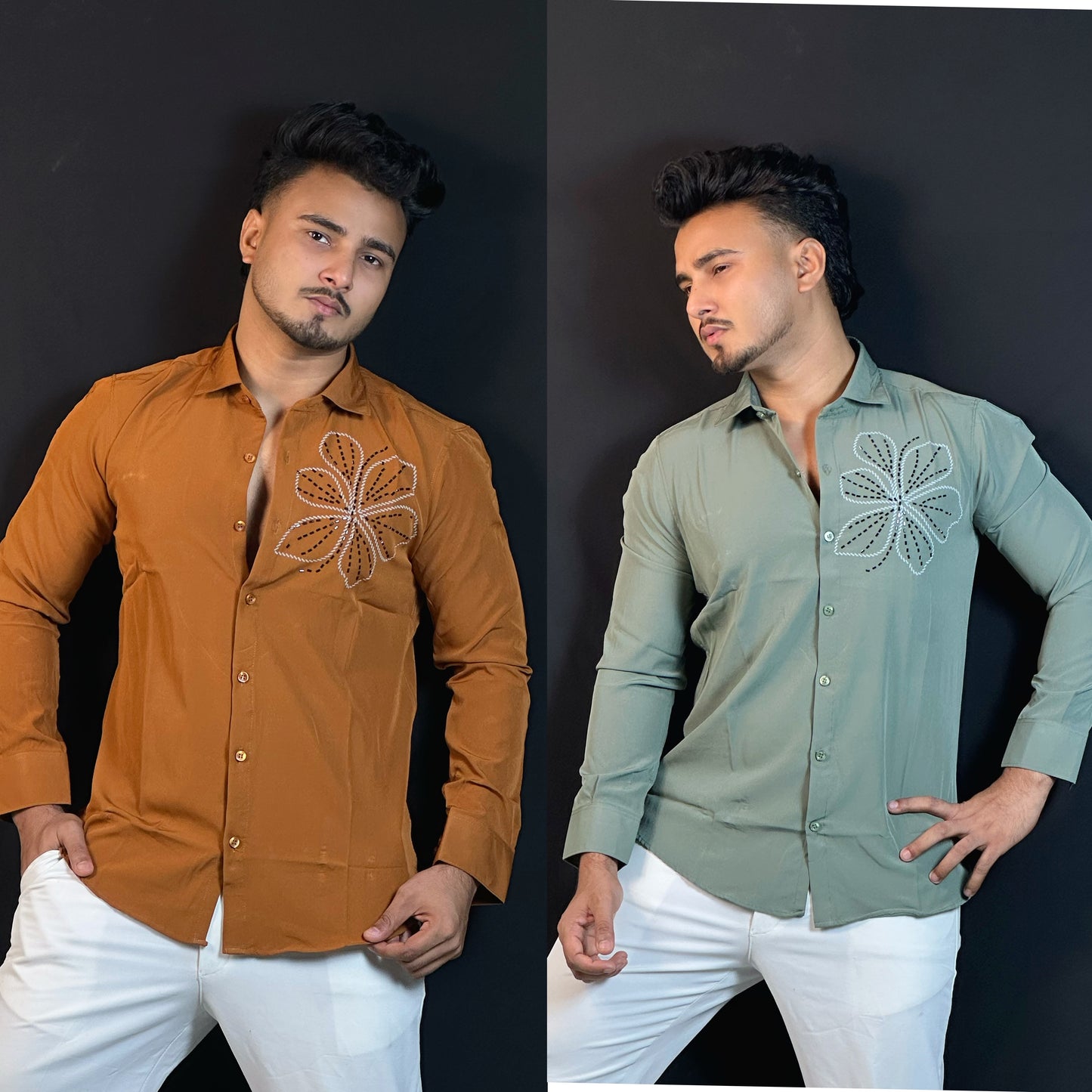 Rust Orange+Green Colour Stone Shirt Combo
