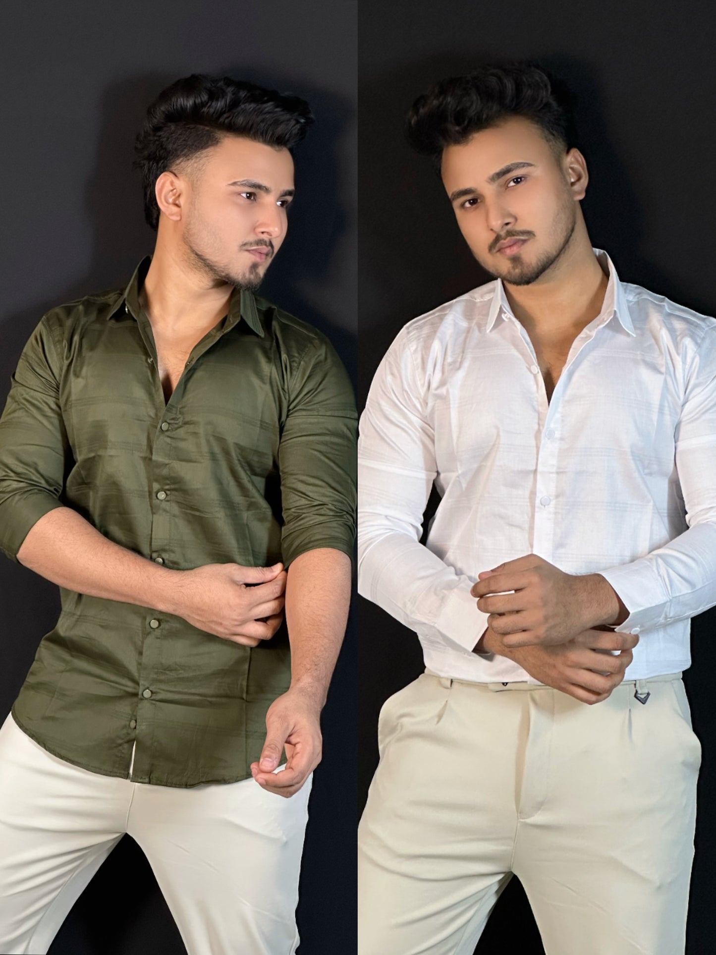 অলিভ ,সাদা কালার, ২ পিস্ থ্রি স্টাইপ শার্ট