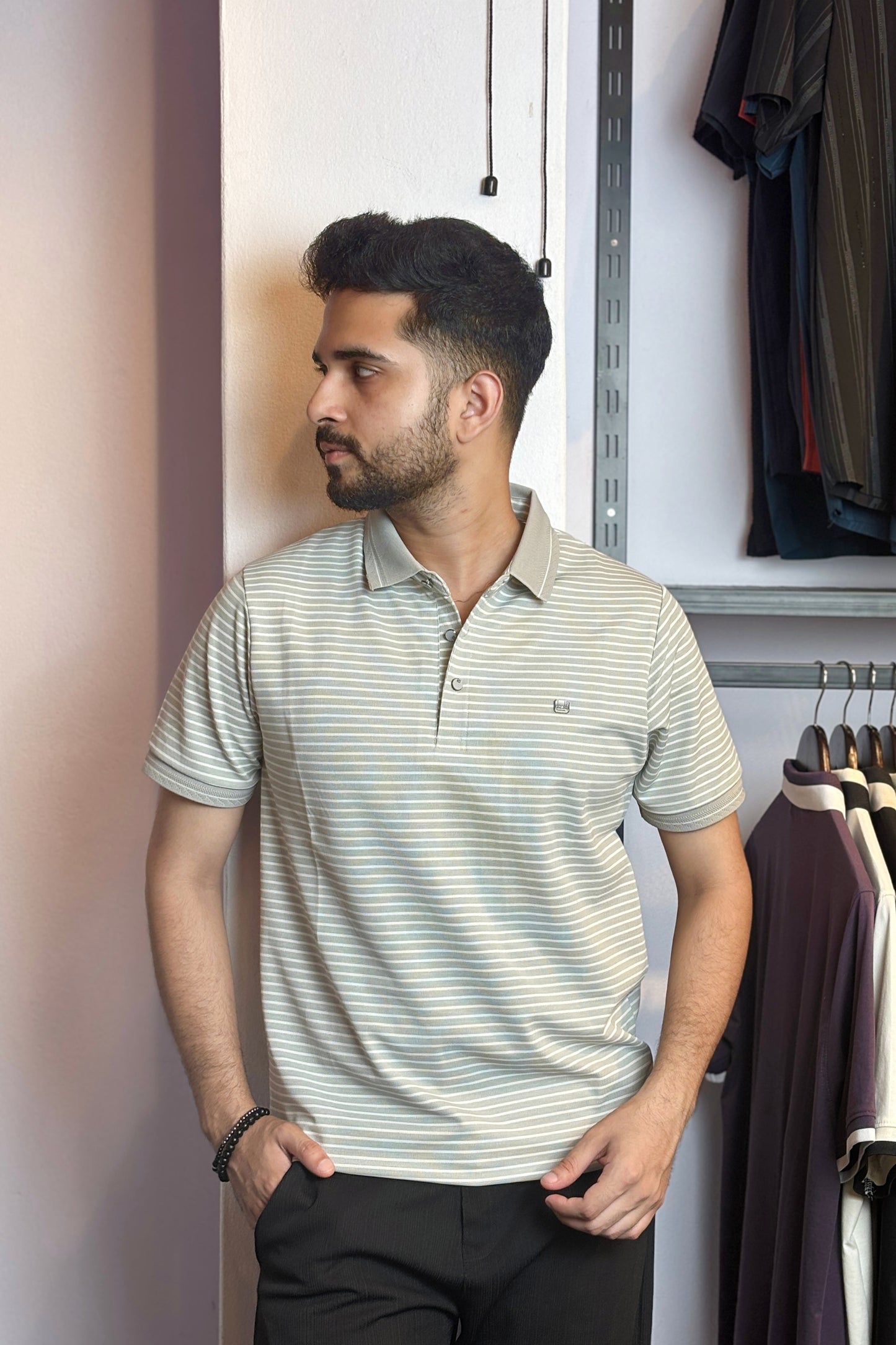 Ash Stripe Polo T-Shirt |DBS