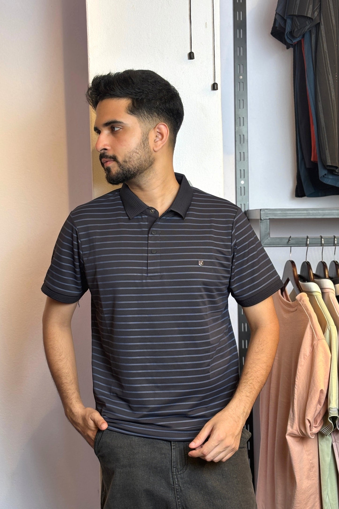 Black Nevy Stripe Polo T-Shirt |SSP