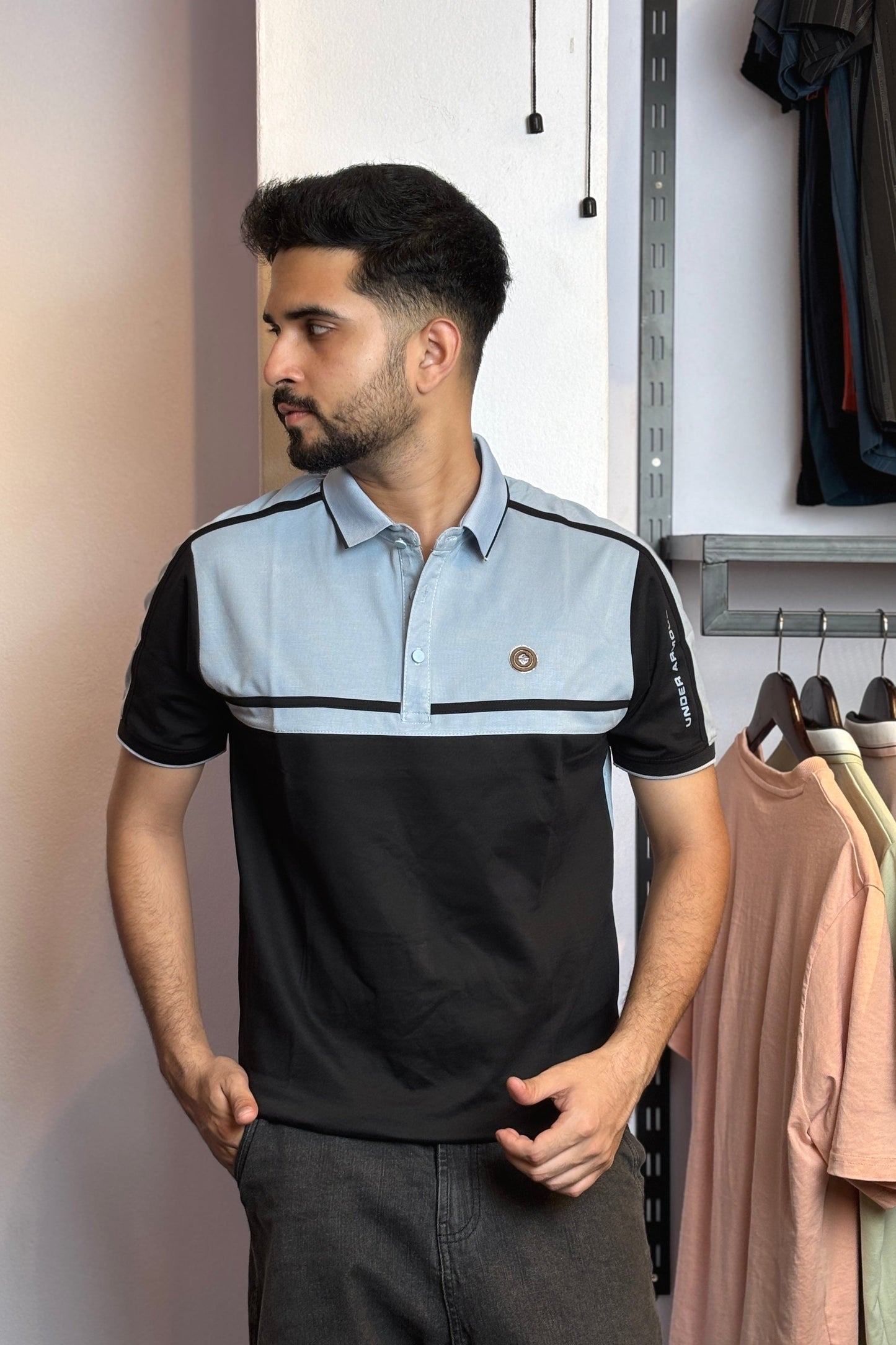 Sky Black Contrast Polo T-Shirt |UR