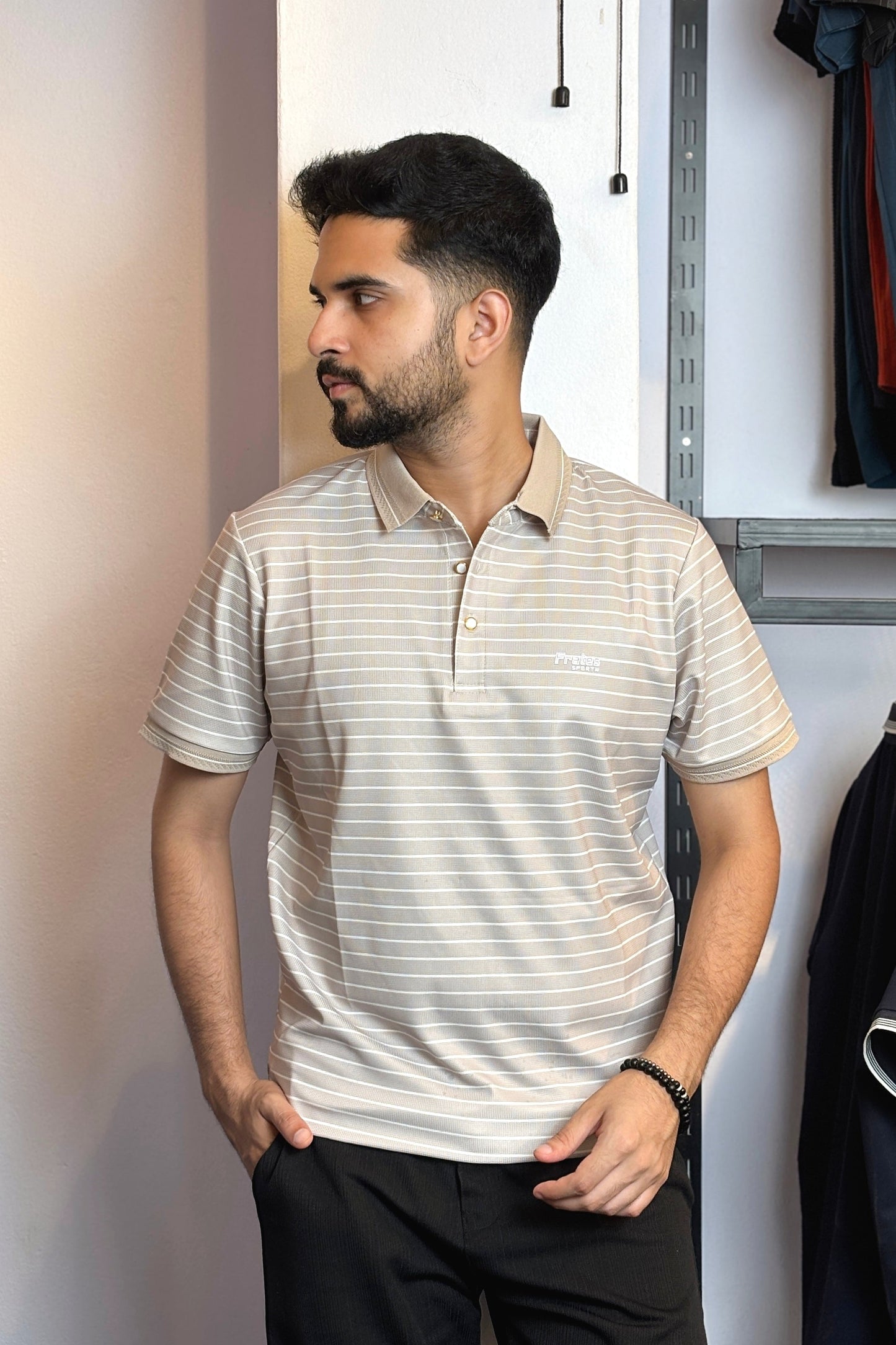 Light Cream Colour Stripe Polo T-Shirt |FTS