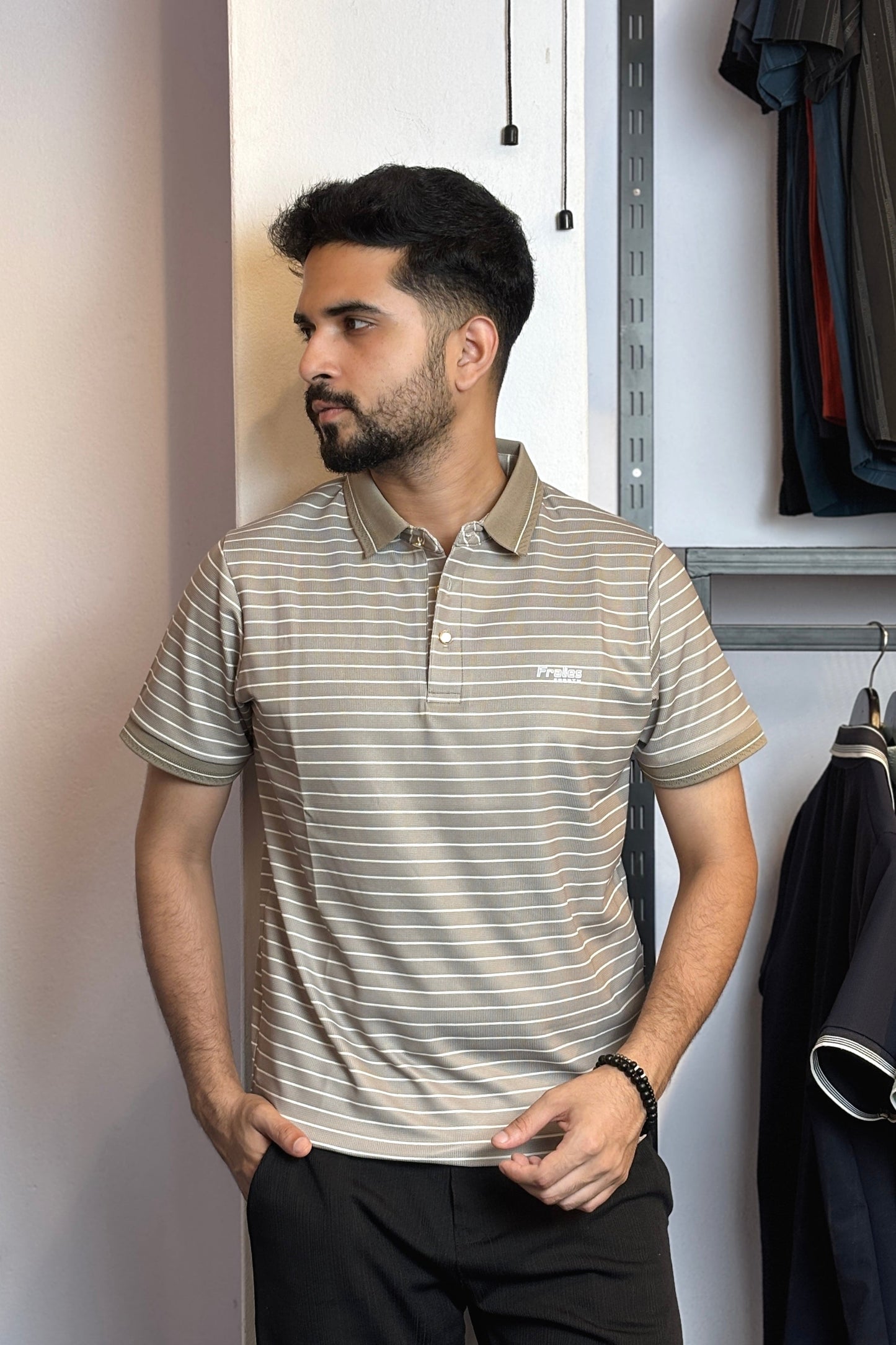 Light Olive Colour Stripe Polo T-Shirt |FTS