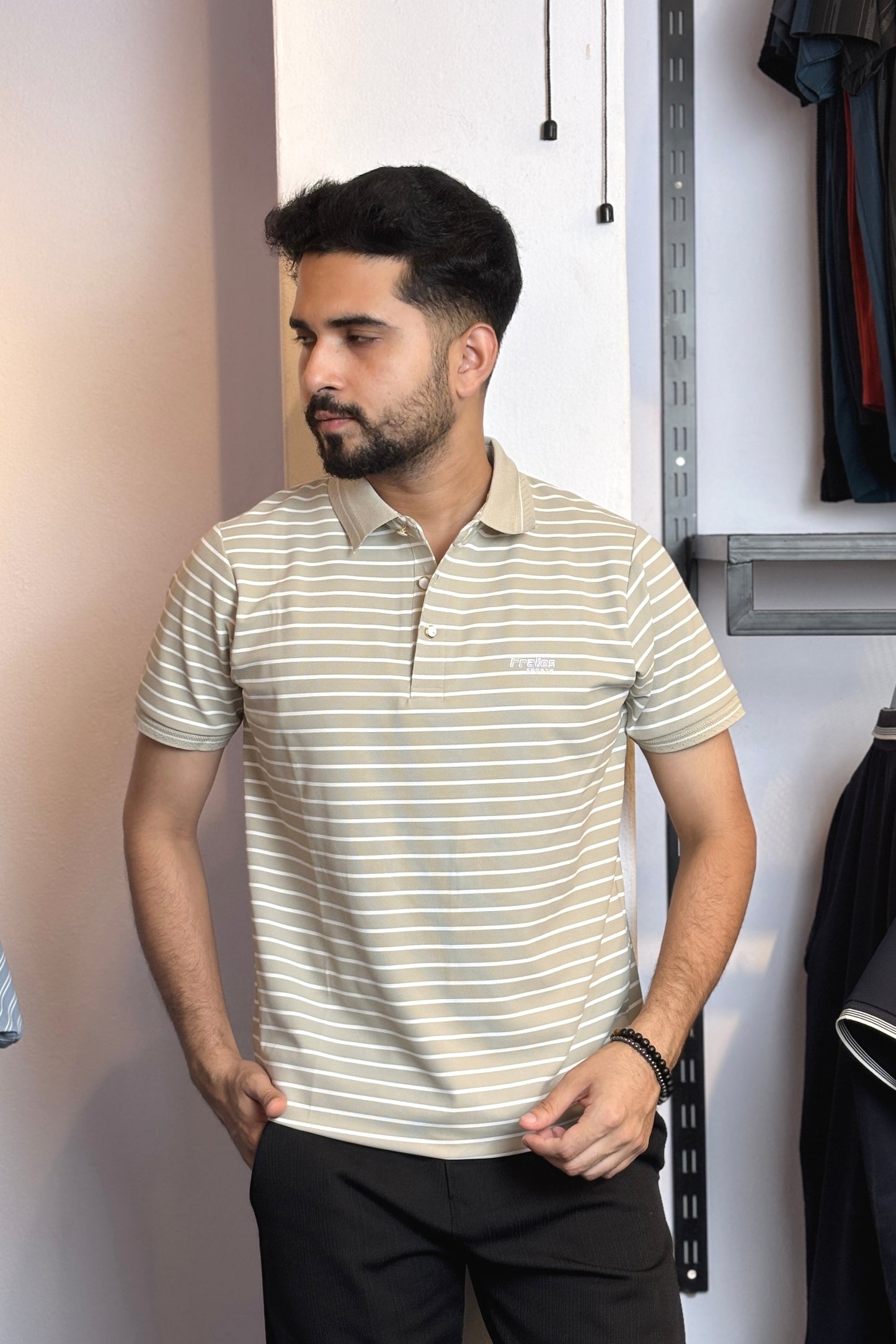 Light Cream Colour Stripe Polo T-Shirt |Plus