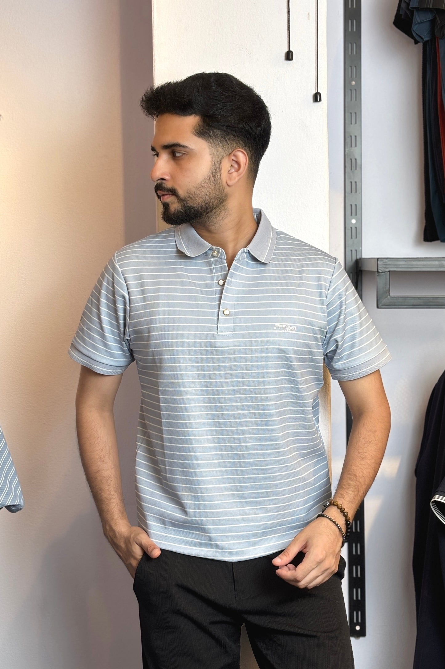 Sky Colour Stripe Polo T-Shirt |Plus