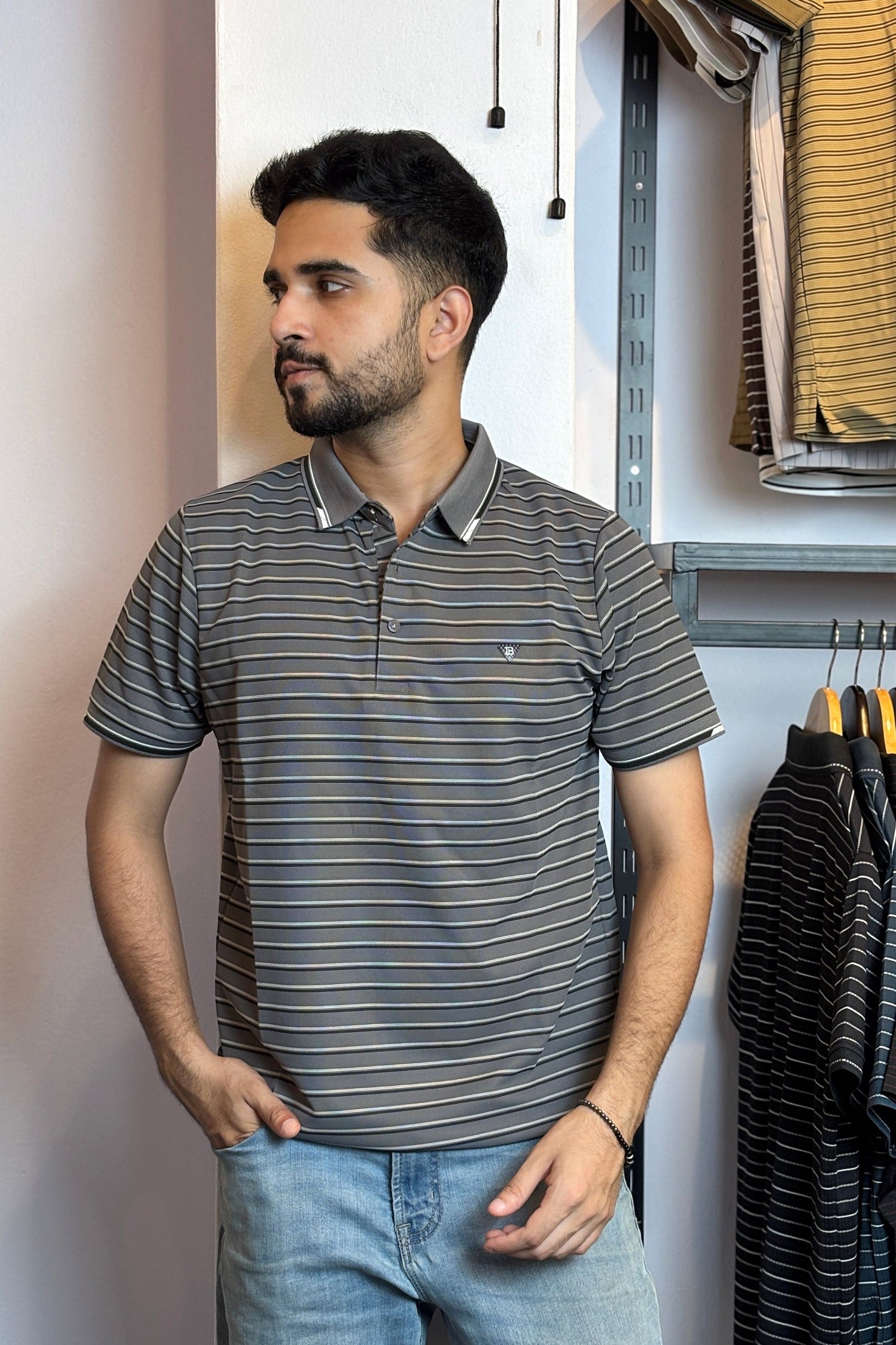 Gray Stripe Polo T-Shirt |WBS