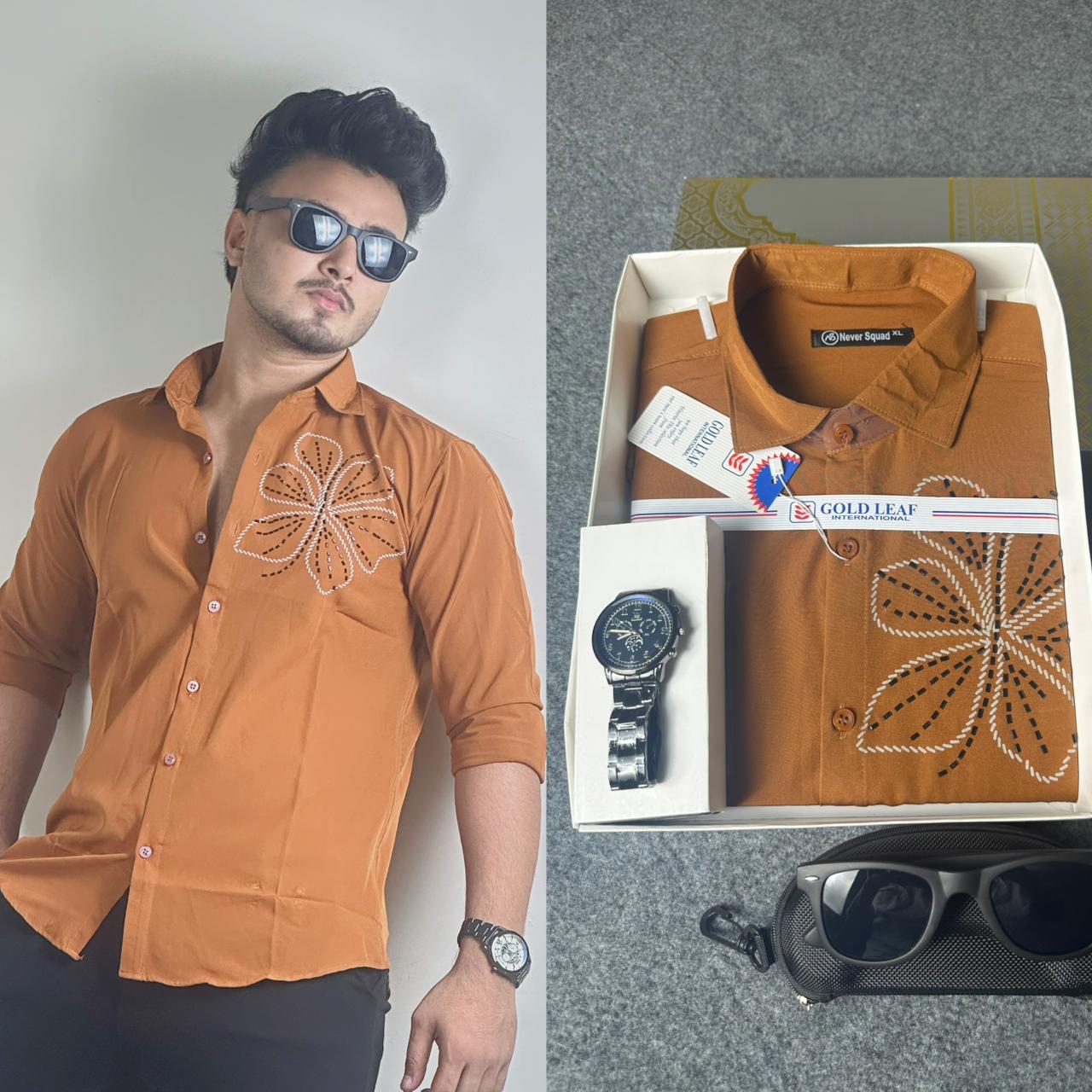 Rust Orange Colour Stone Shirt – FREE Sunglass & Watch