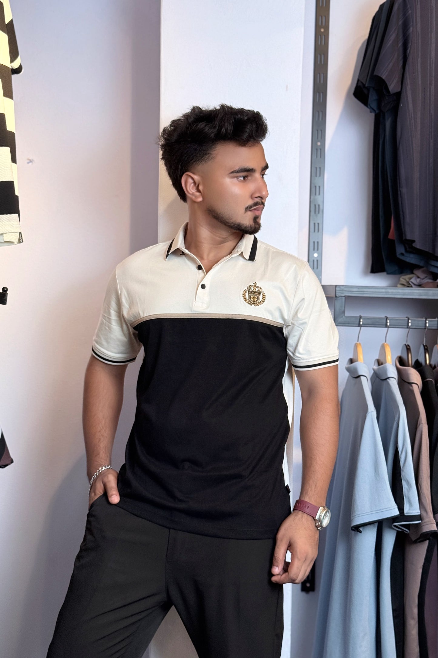 Cream Black Polo T-Shirt |Crown