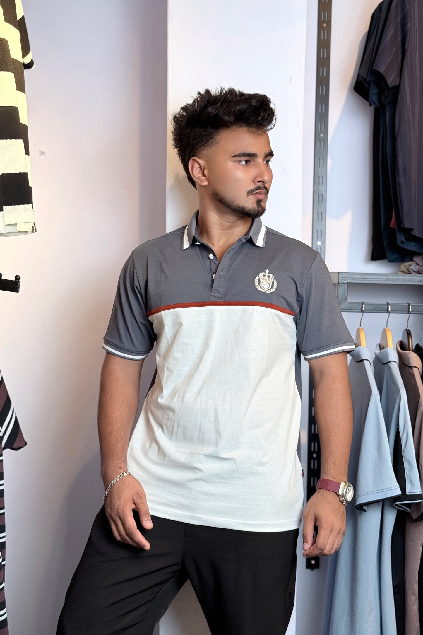 Gray White Polo T-Shirt |Crown
