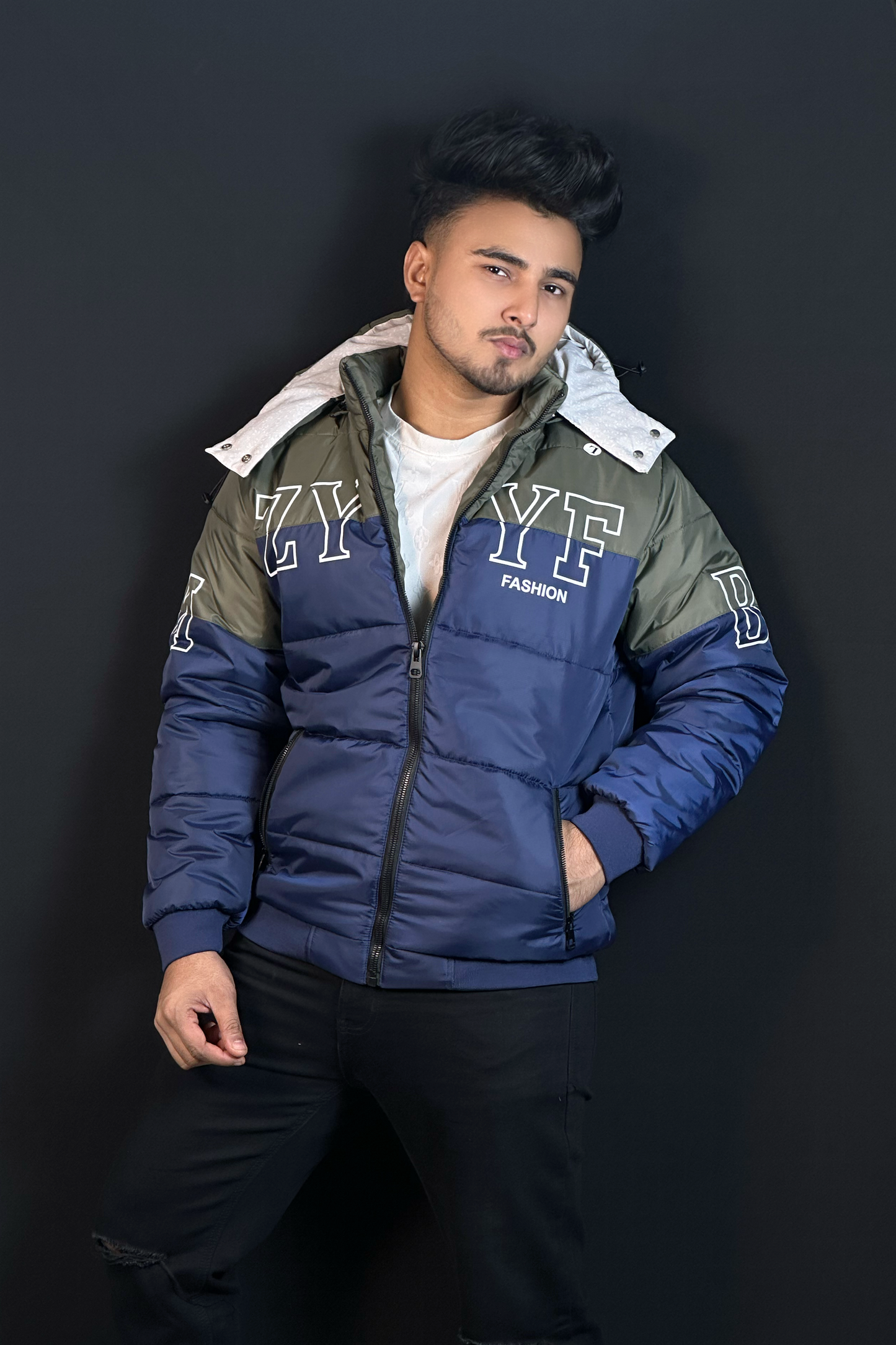 অলিভ ব্লু কনট্রাস্ট চায়না বম্বার জ্যাকেট-YZ