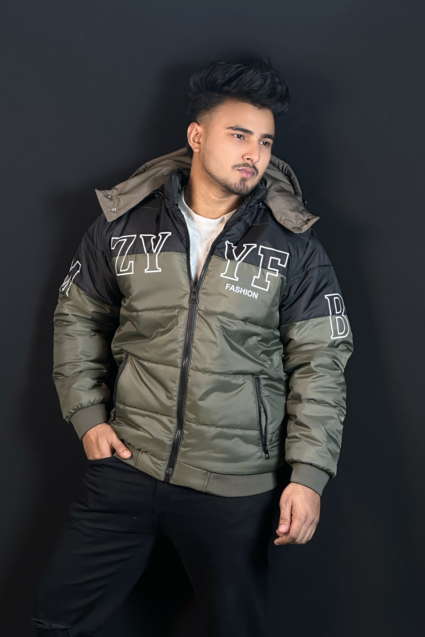 কালো অলিভ কনট্রাস্ট চায়না বম্বার জ্যাকেট-YZ