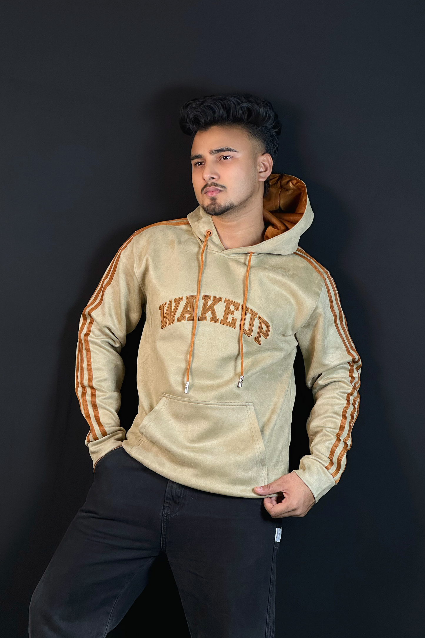 খাকি কালার চায়না ভেলভেট হুডি-WAKEUP