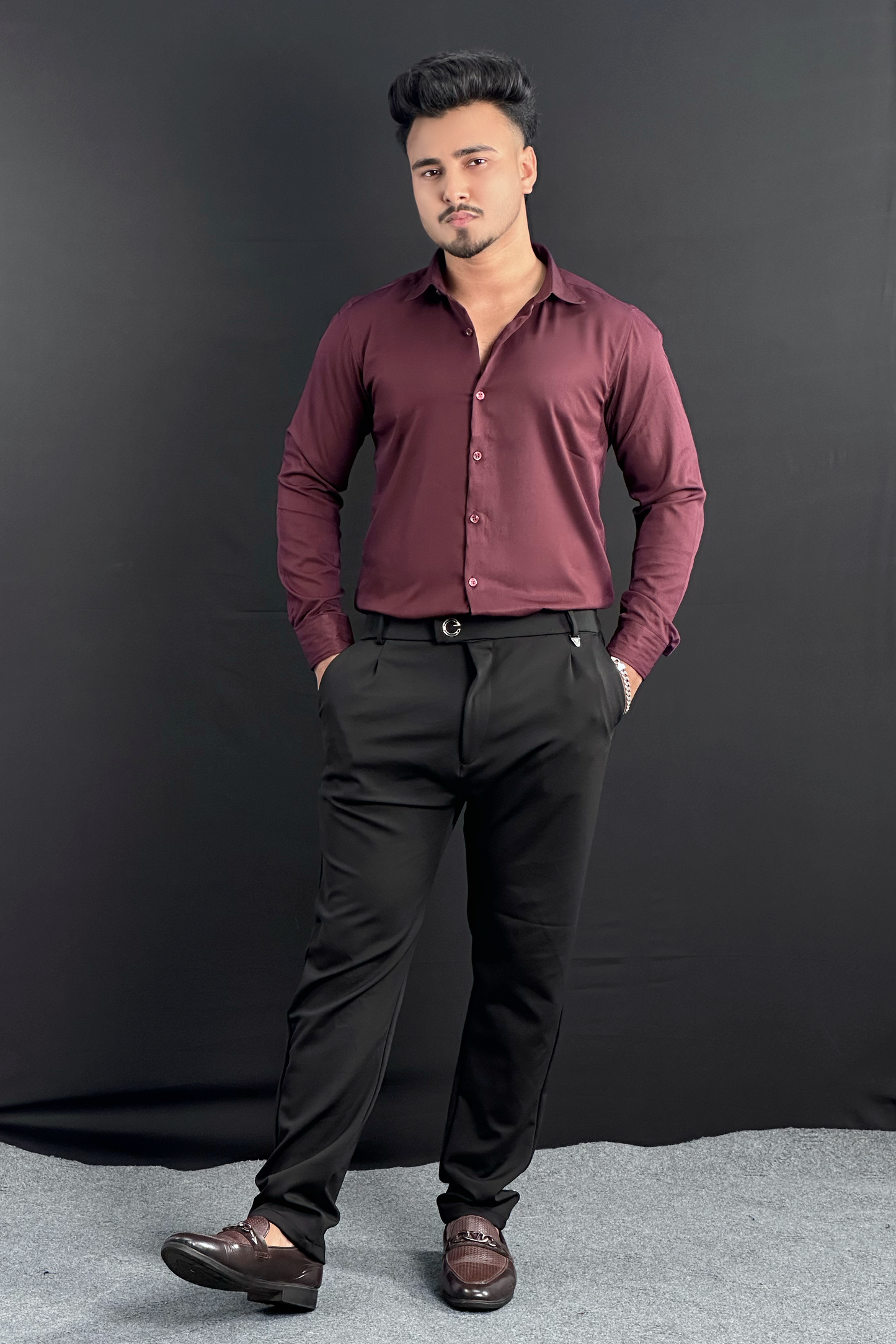 ওয়াইন শার্ট। কালো কালার ফর্মাল প্যান্ট কম্বো-G