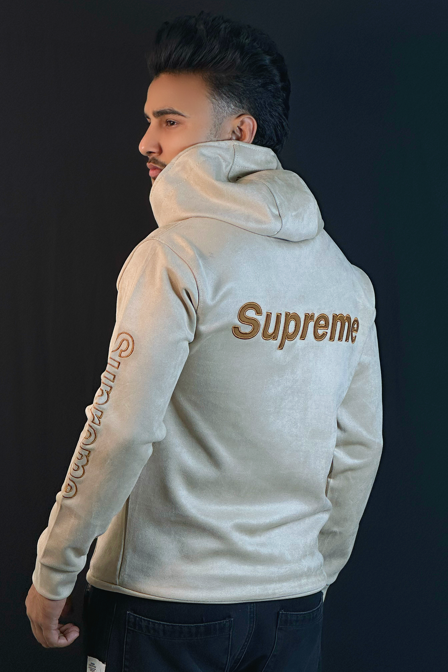 ক্রিম কালার চায়না ভেলভেট হুডি-Supreme