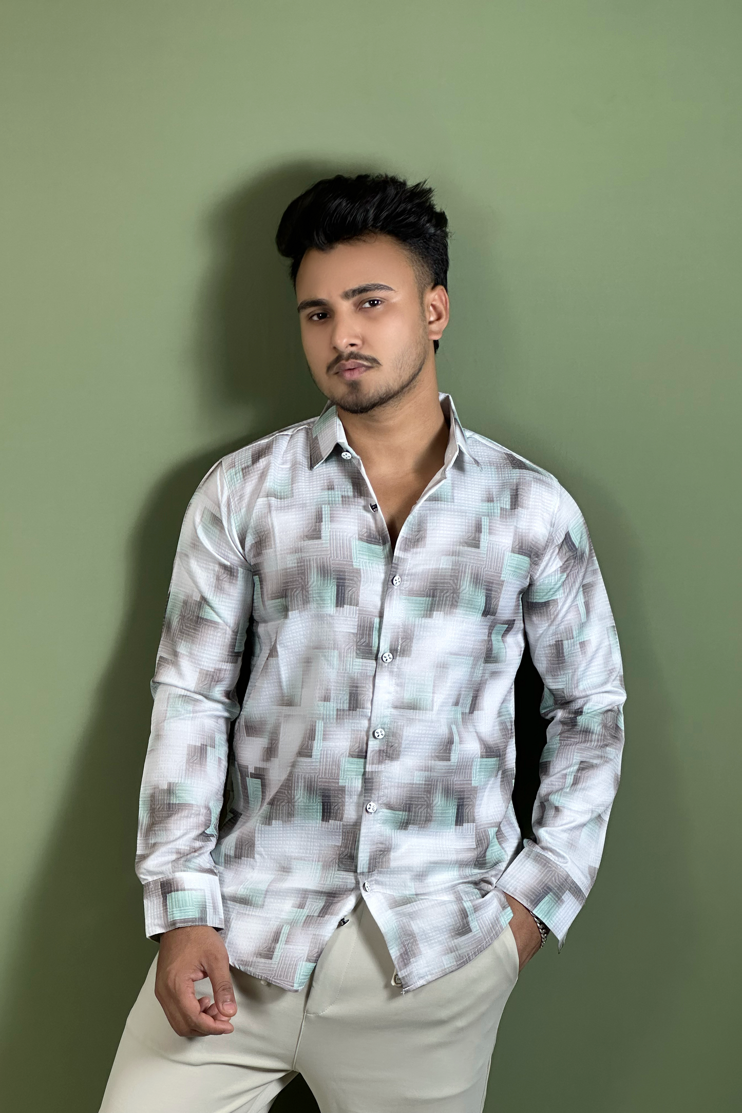 Green White Printed Shirt-Geo