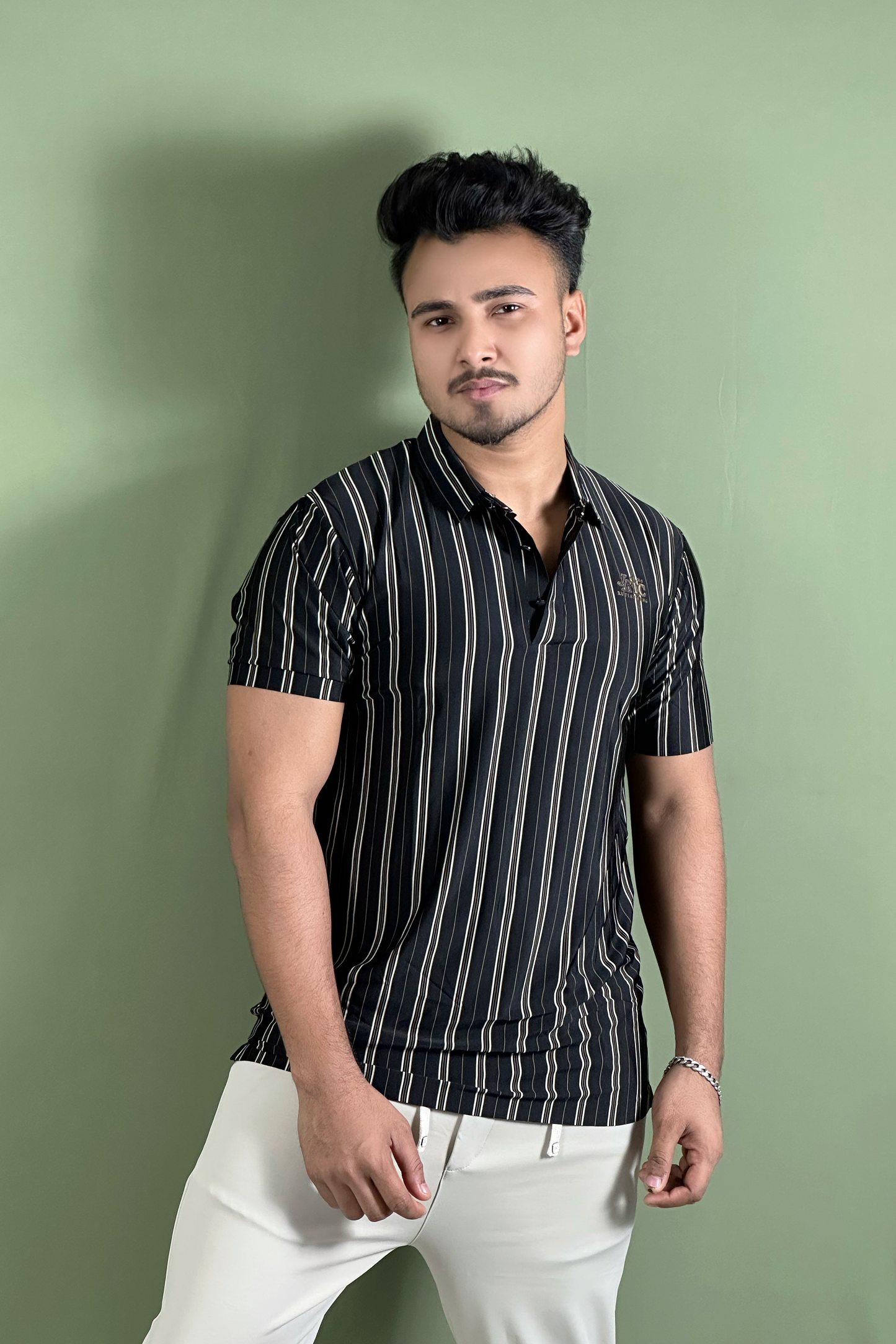 কালো স্ট্রাইপ পোলো টি-শার্ট-Prince
