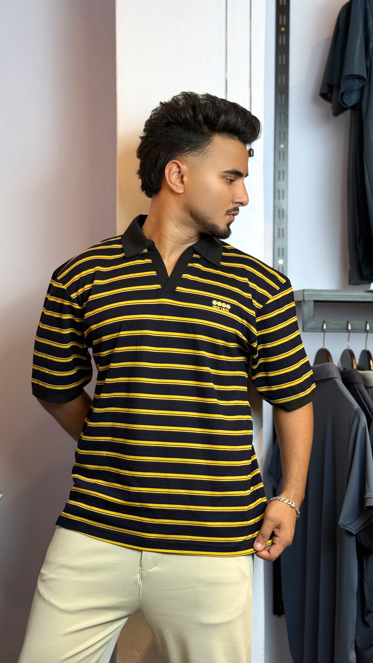 Black Yellow Stripe Polo T-Shirt |OMB