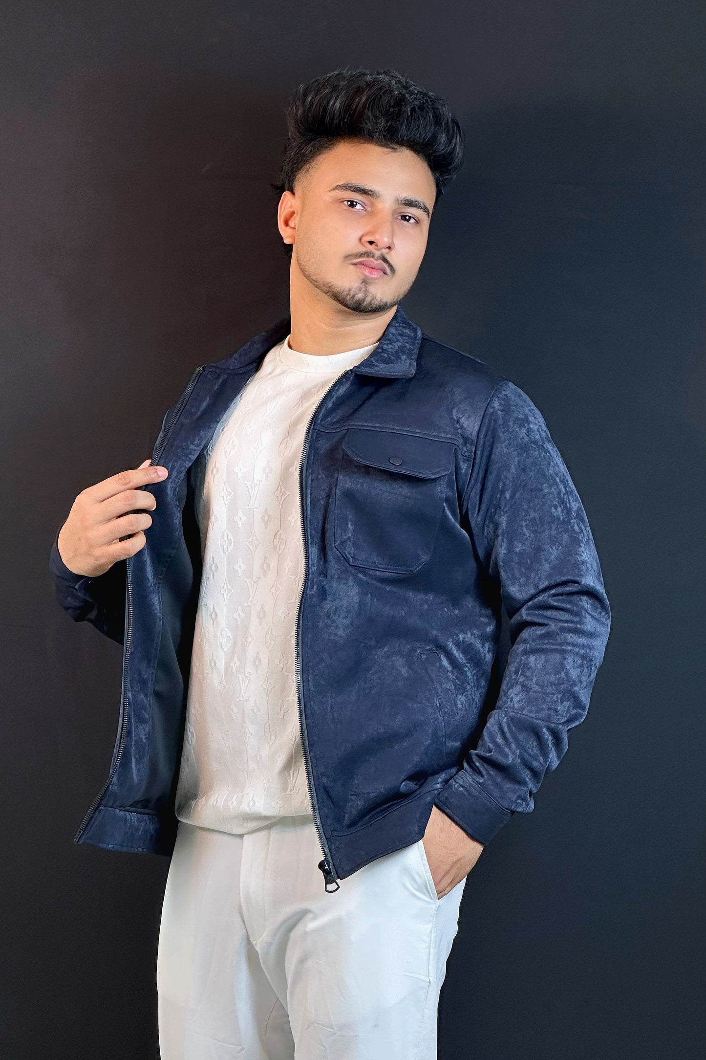 নেভিব্লু কালার চায়না ভেলভেট জ্যাকেট-Collar