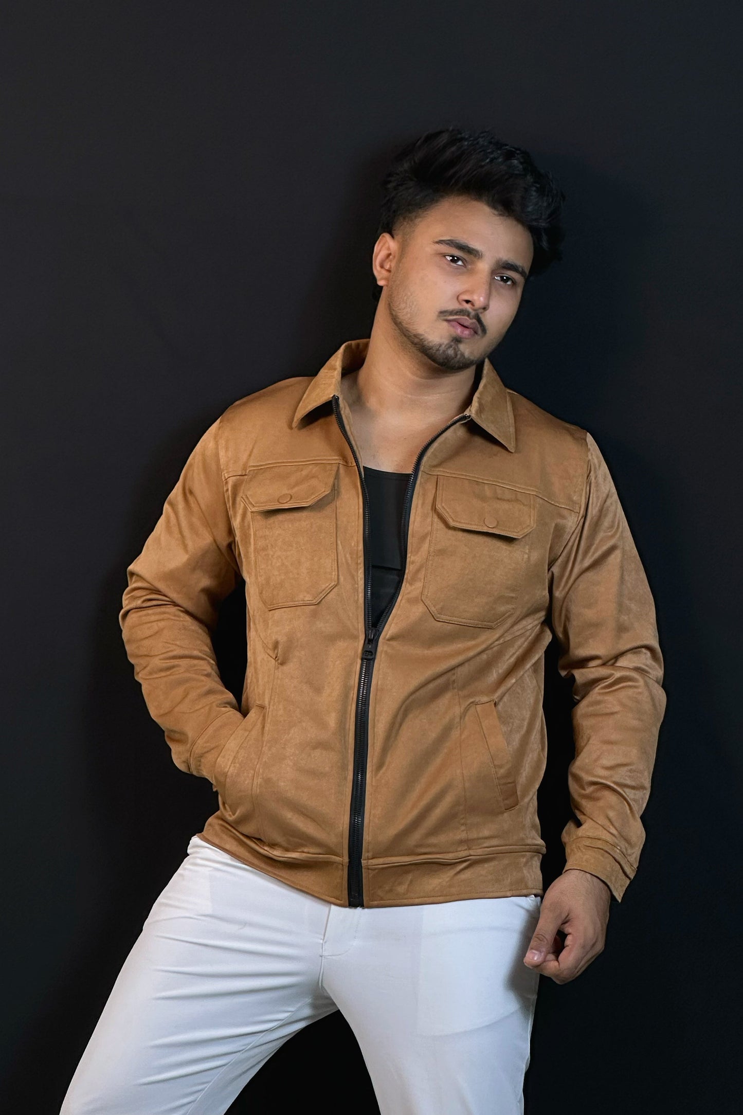 কামেল ব্রাউন কালার চায়না ভেলভেট জ্যাকেট-Collar