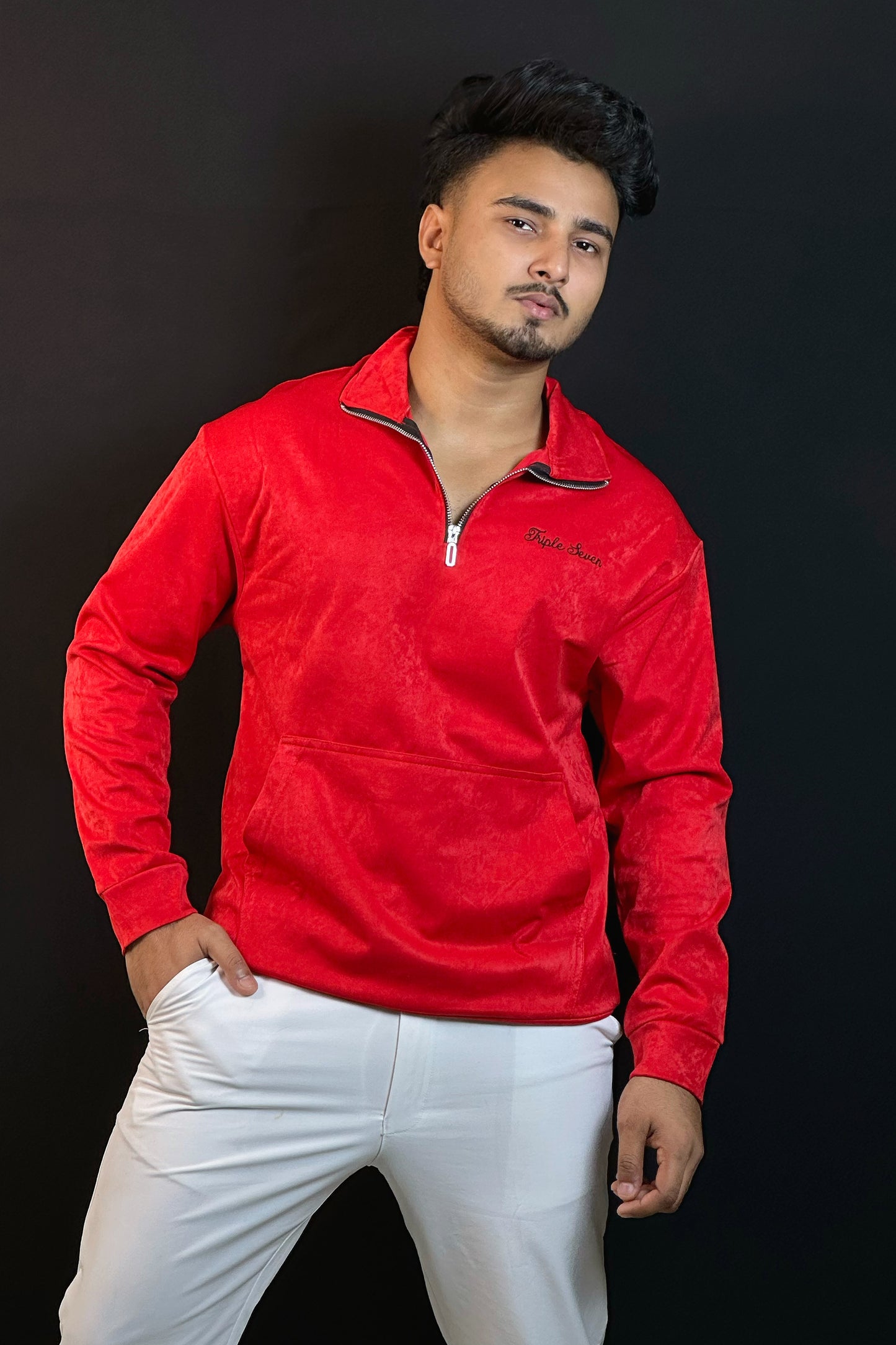 রেড কালার ভেলভেট সোয়েটশার্ট-ZIPPER