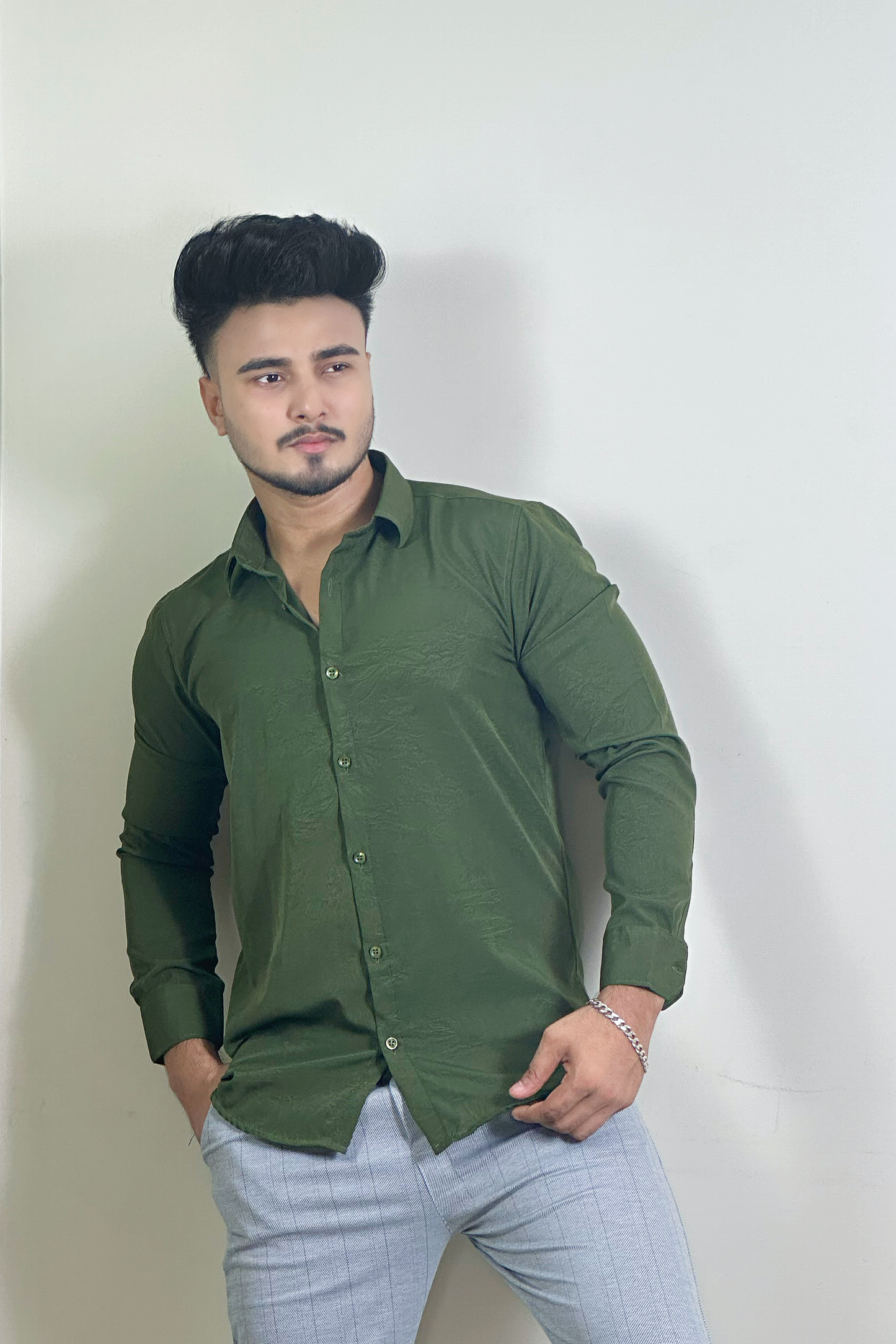 Olive Colour China Formal Shirt With Crushed