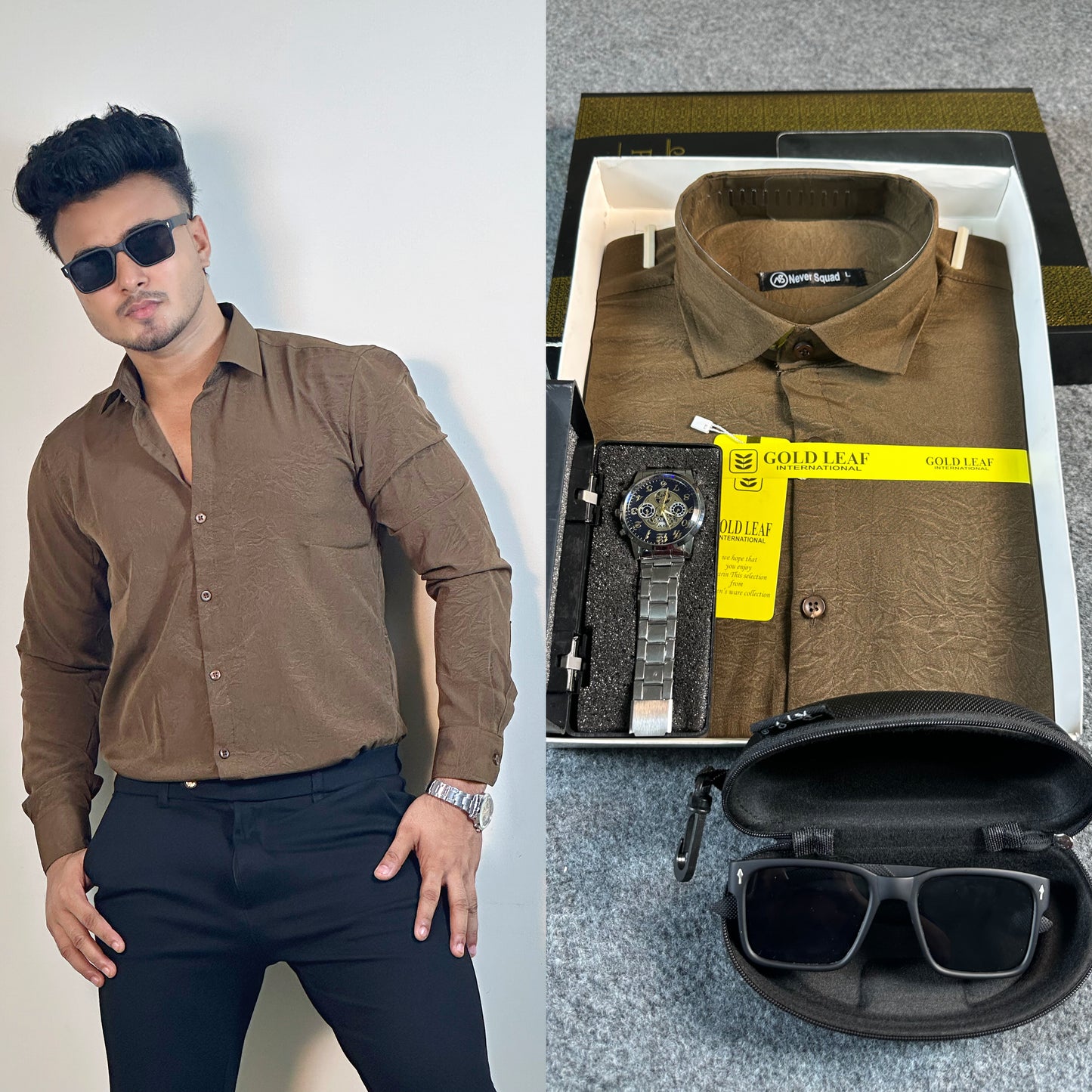 Chocolate Colour China Shirt – FREE Watch & Sunglass