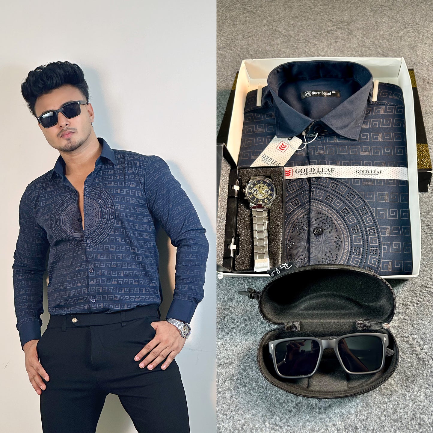 Varsace Nevy Blue Colour Stone Shirt – FREE Sunglass & Watch