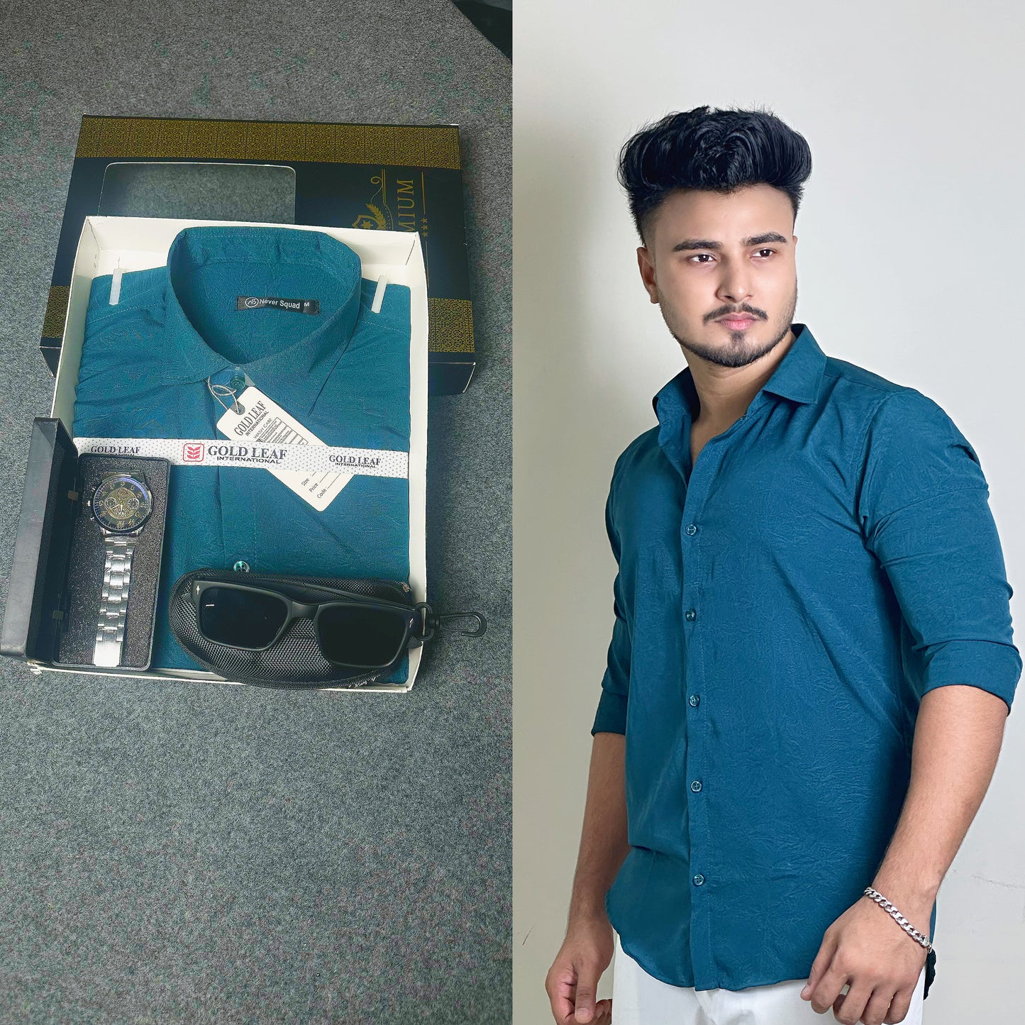 Bottle Green Colour China Shirt – FREE Watch & Sunglass