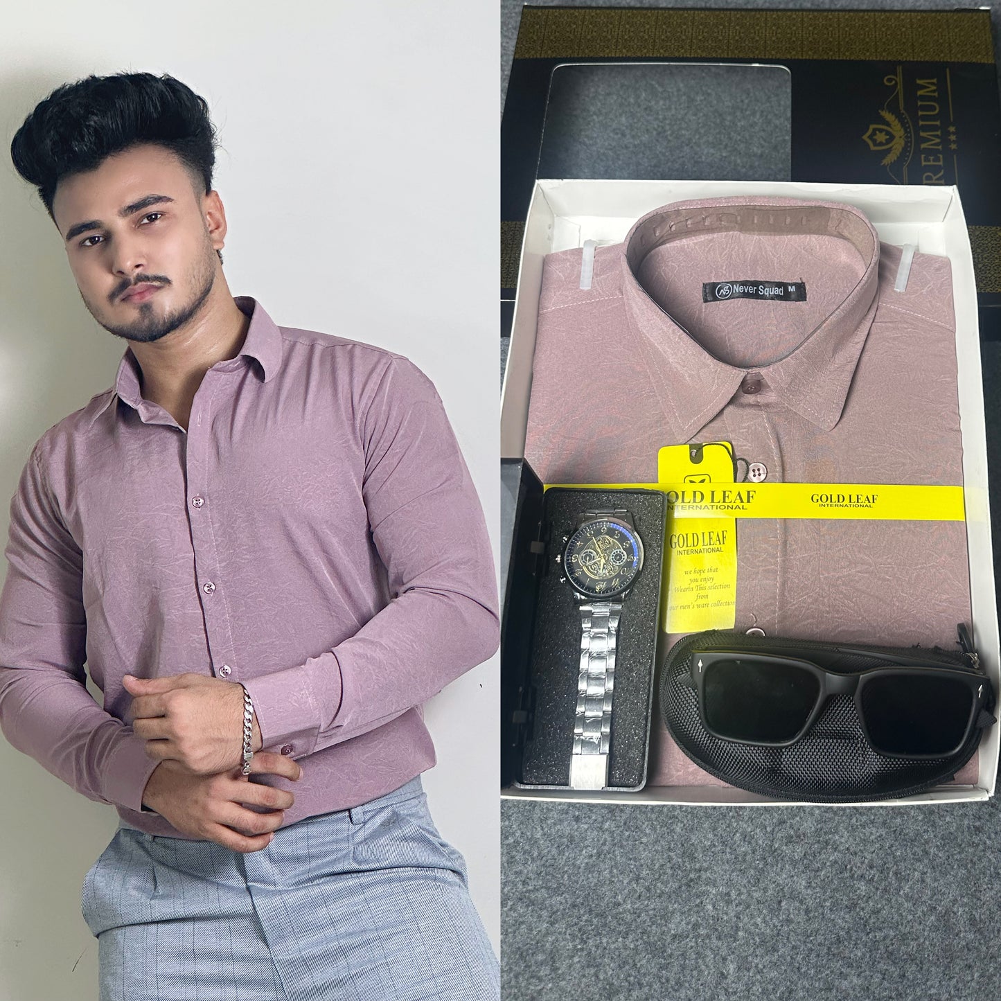 Light Pink Colour China Shirt – FREE Watch & Sunglass