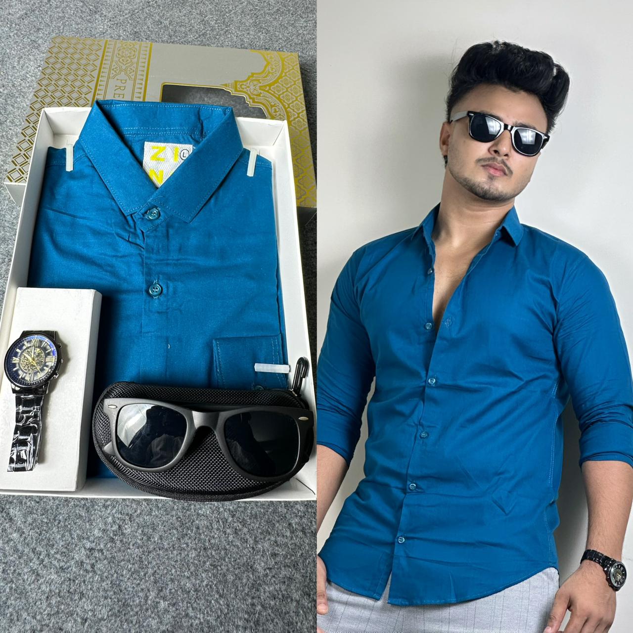 Blue Colour Oxford Cotton Shirt+ FREE Sunglass & Watch