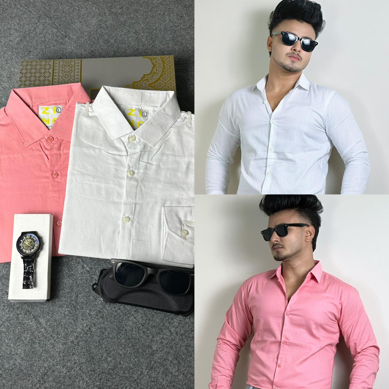 White+Misty Colour Oxford Cotton 2 Pcs Combo Shirt+ FREE Sunglass & Watch