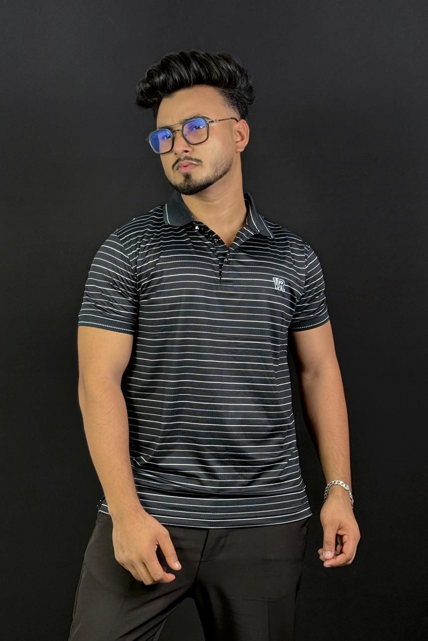 Black Colour White Stripe Polo T-Shirt |VR