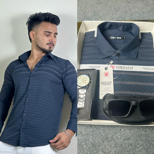 “N” Shape Nevy Blue Colour Stone Shirt – FREE Sunglass & Watch