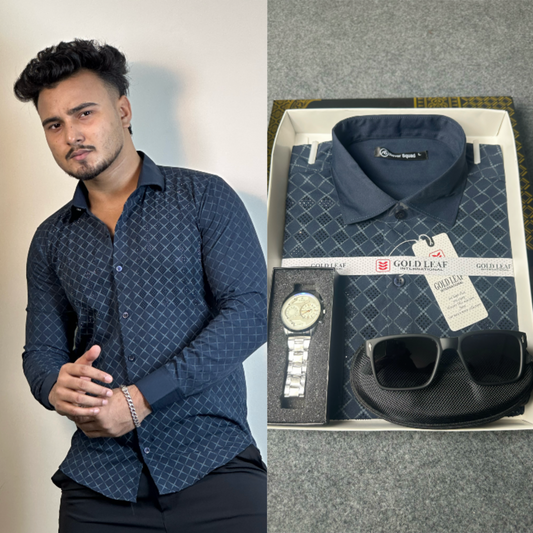 Nevy Blue Colour Diamond Shape Stone Shirt – FREE Sunglass & Watch