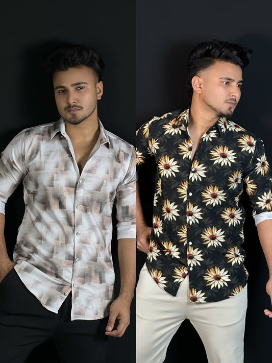 ক্রিম হোয়াইট,ইয়েলো ব্ল্যাক, ২ পিস প্রিন্টেড শার্ট-Sunflower,Geo