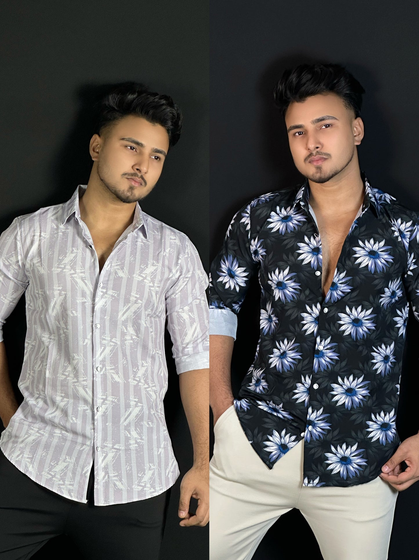 পার্পেল হোয়াইট, ব্লু ব্ল্যাক, ২ পিস প্রিন্টেড শার্ট-Sunflower,Lstripe