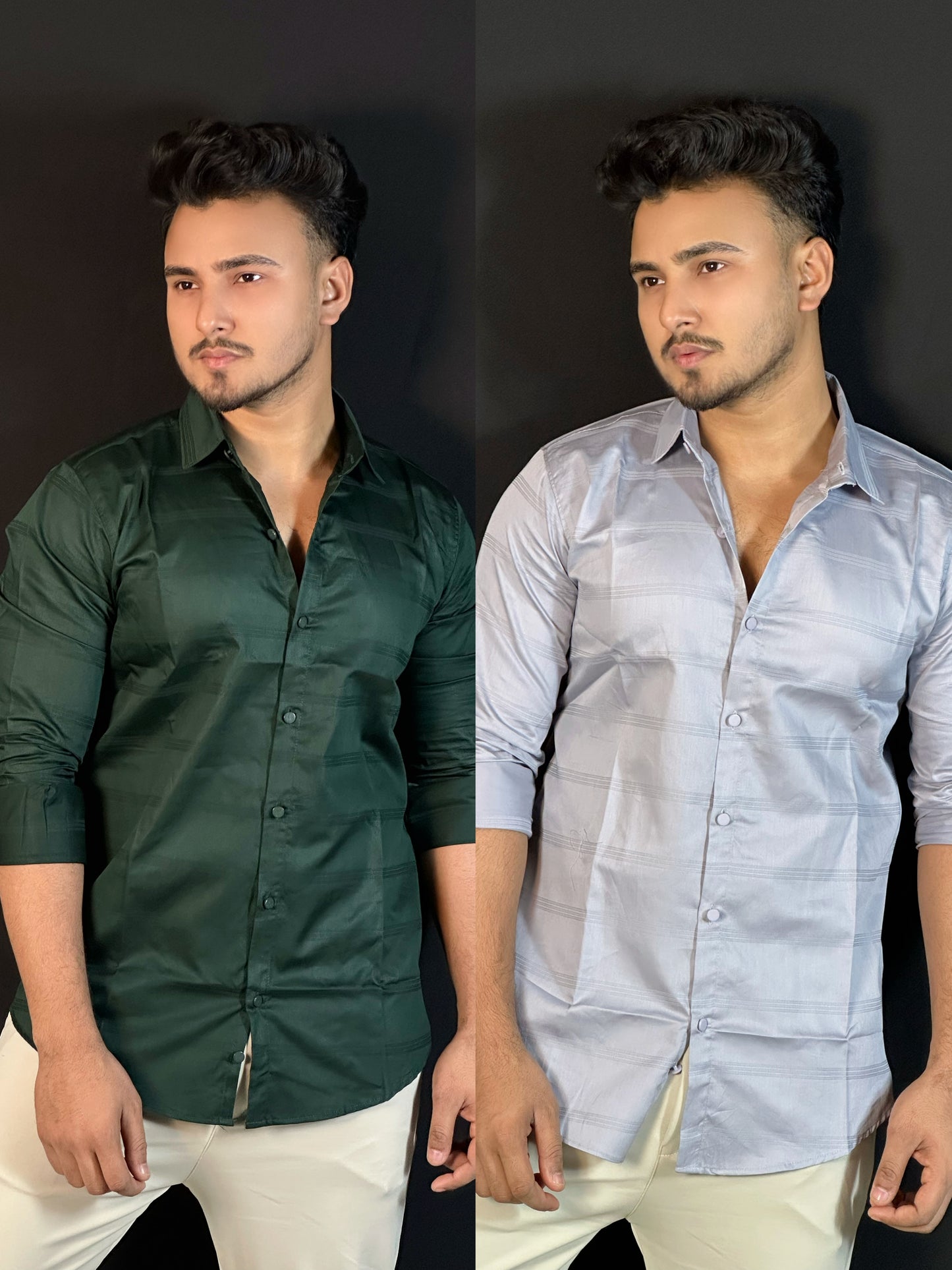 বটলগ্রিন,অ্যাশ কালার, ২ পিস্ থ্রি স্টাইপ শার্ট