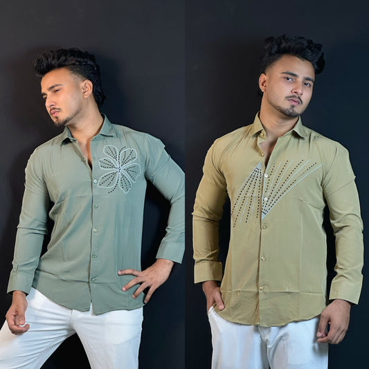 Khaki+Green Colour Stone Shirt Combo