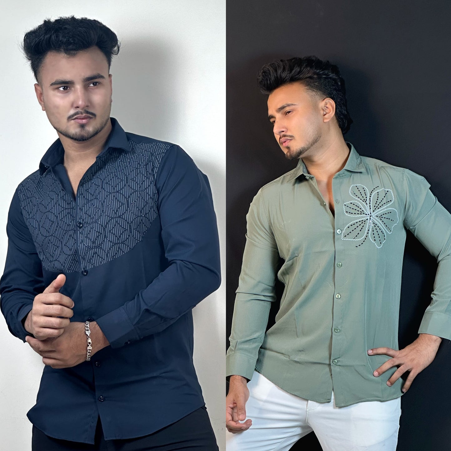 Green+Nevy Blue Colour Stone Shirt Combo| Echo