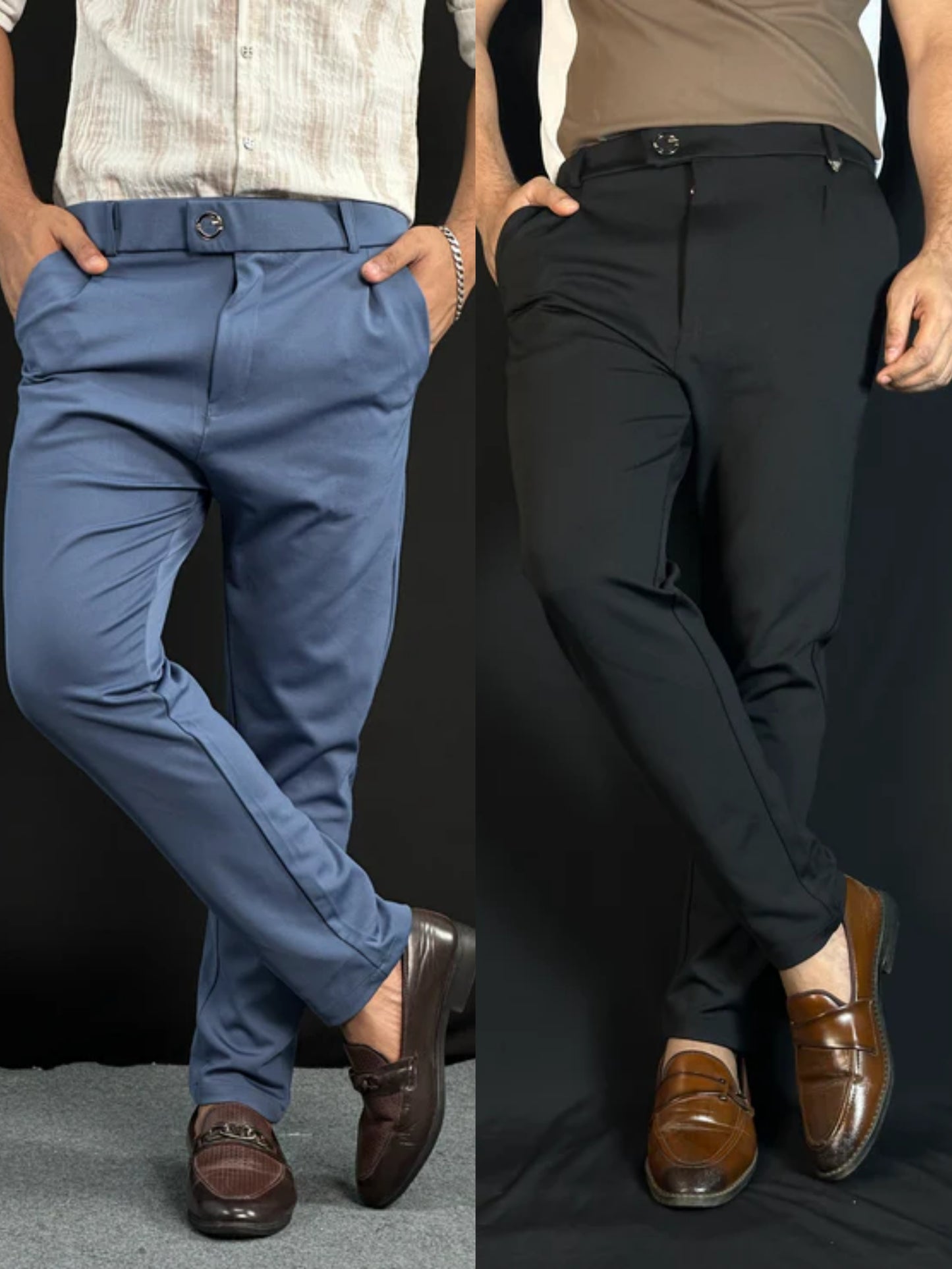 Deep Blue+Black Colour Formal Pant Combo |DBB