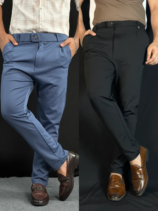 Deep Blue+Black Colour Formal Pant Combo |DBB
