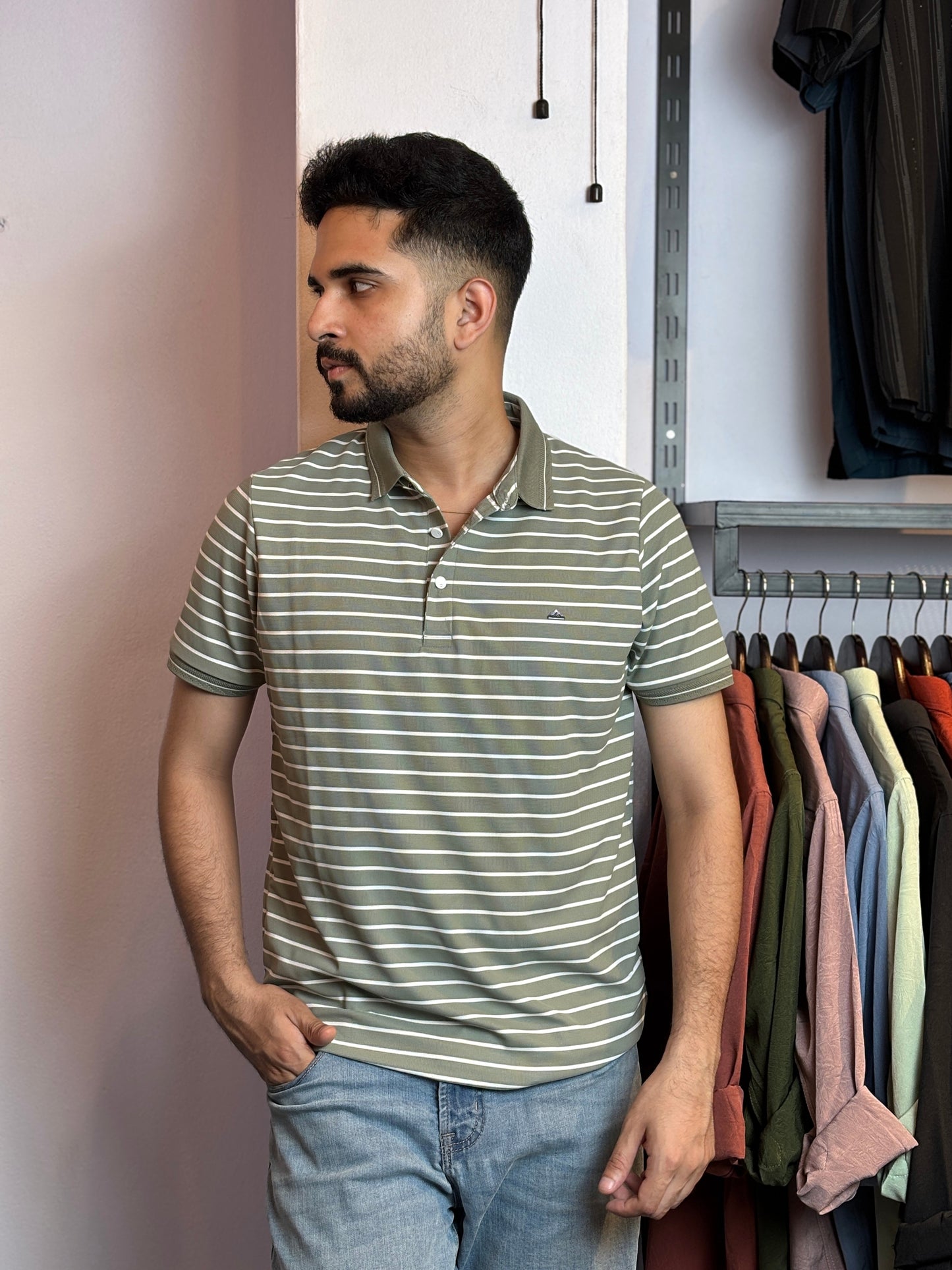 Green Stripe Polo T-Shirt |OS
