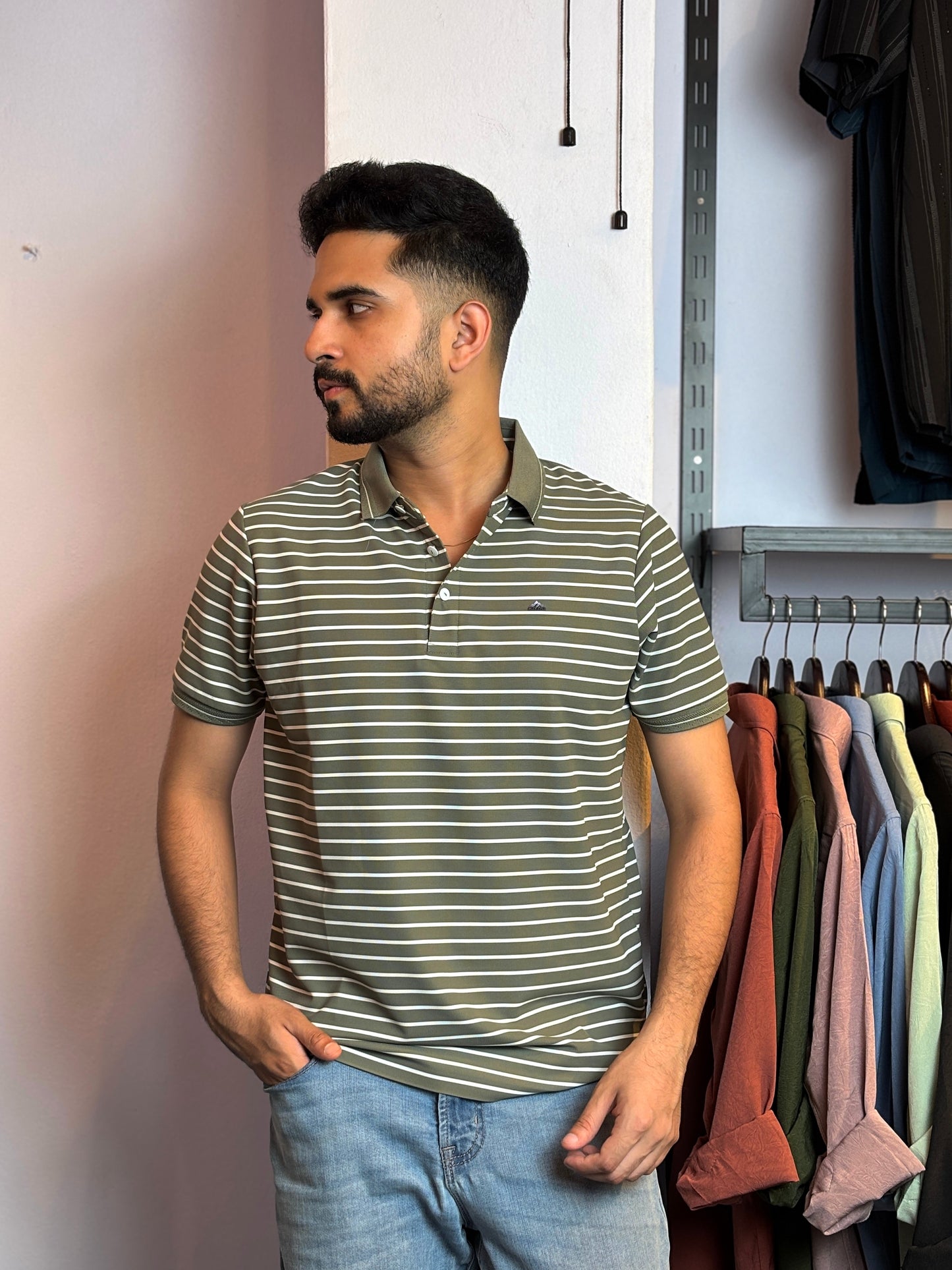 Olive Stripe Polo T-Shirt |OS