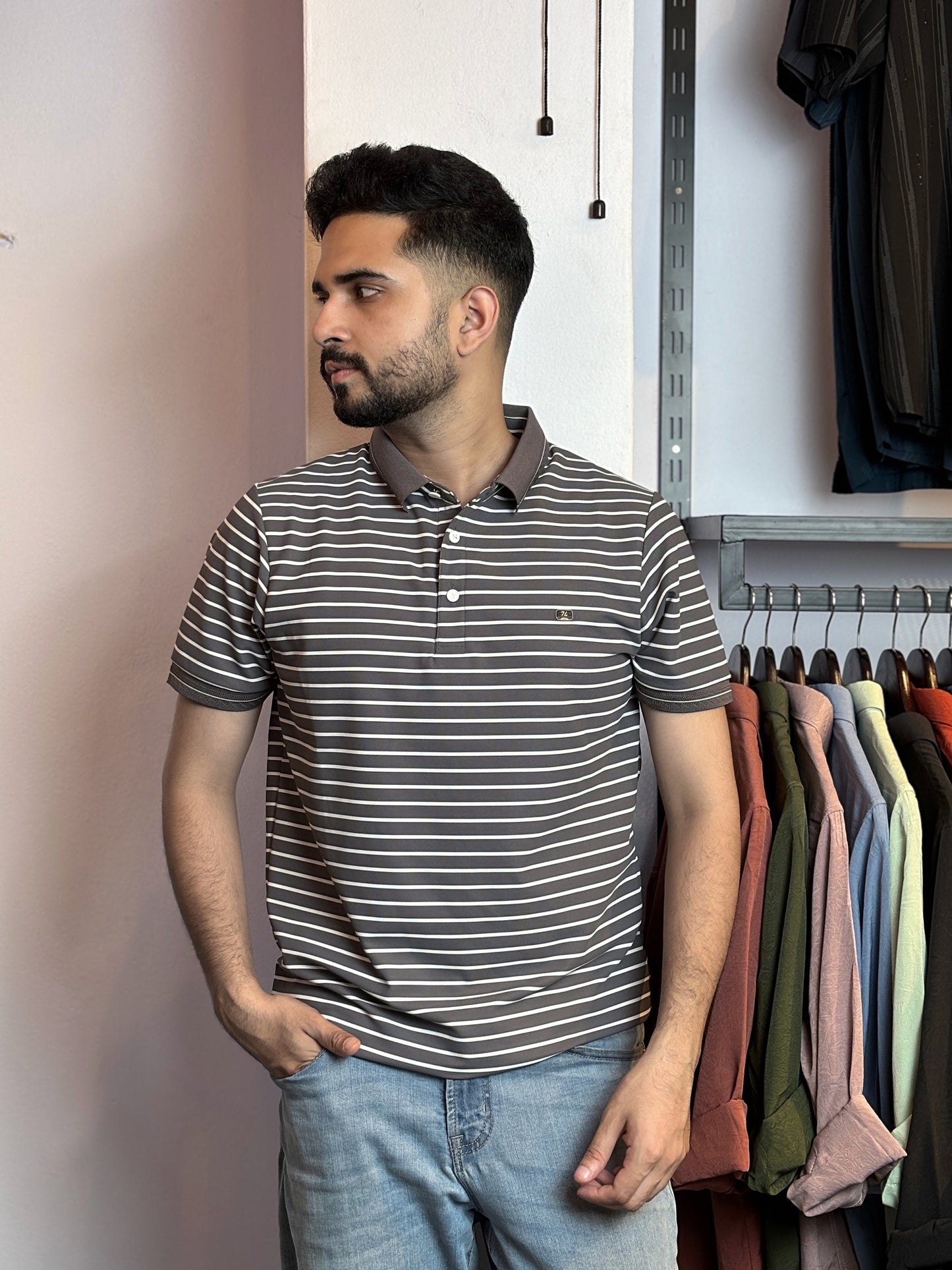 Ash Brown Stripe Polo T-Shirt |OS