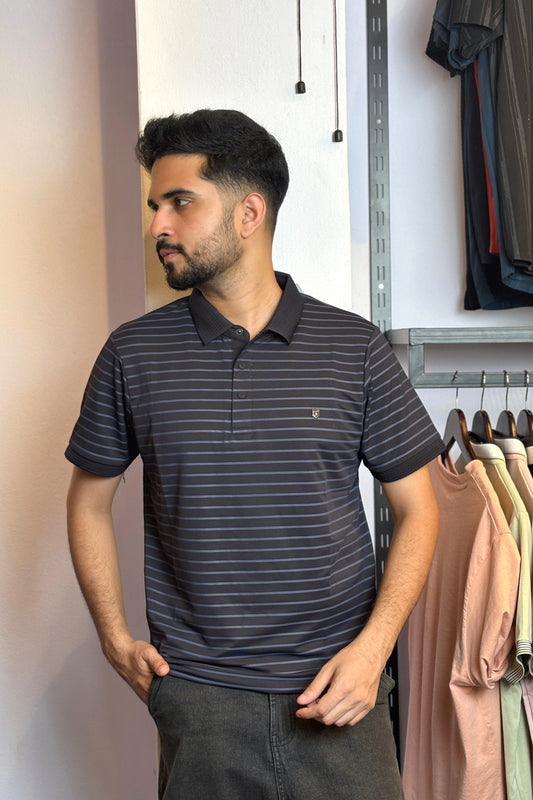 Black Nevy Stripe Polo T-Shirt |SSP